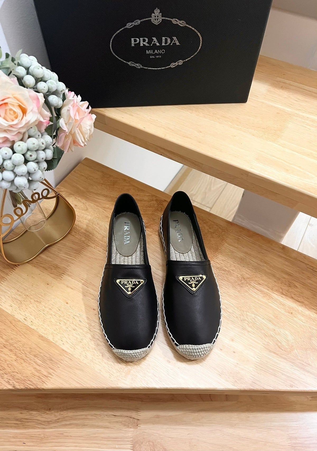Prada 26s Logo Espadrille Slip On Flats Black Calfskin