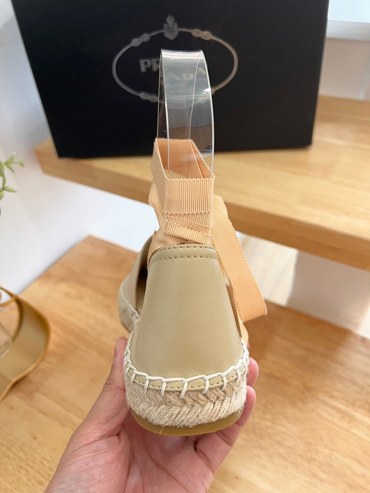 Prada 26s Lace Up Espadrille Flats Beige Calfskin