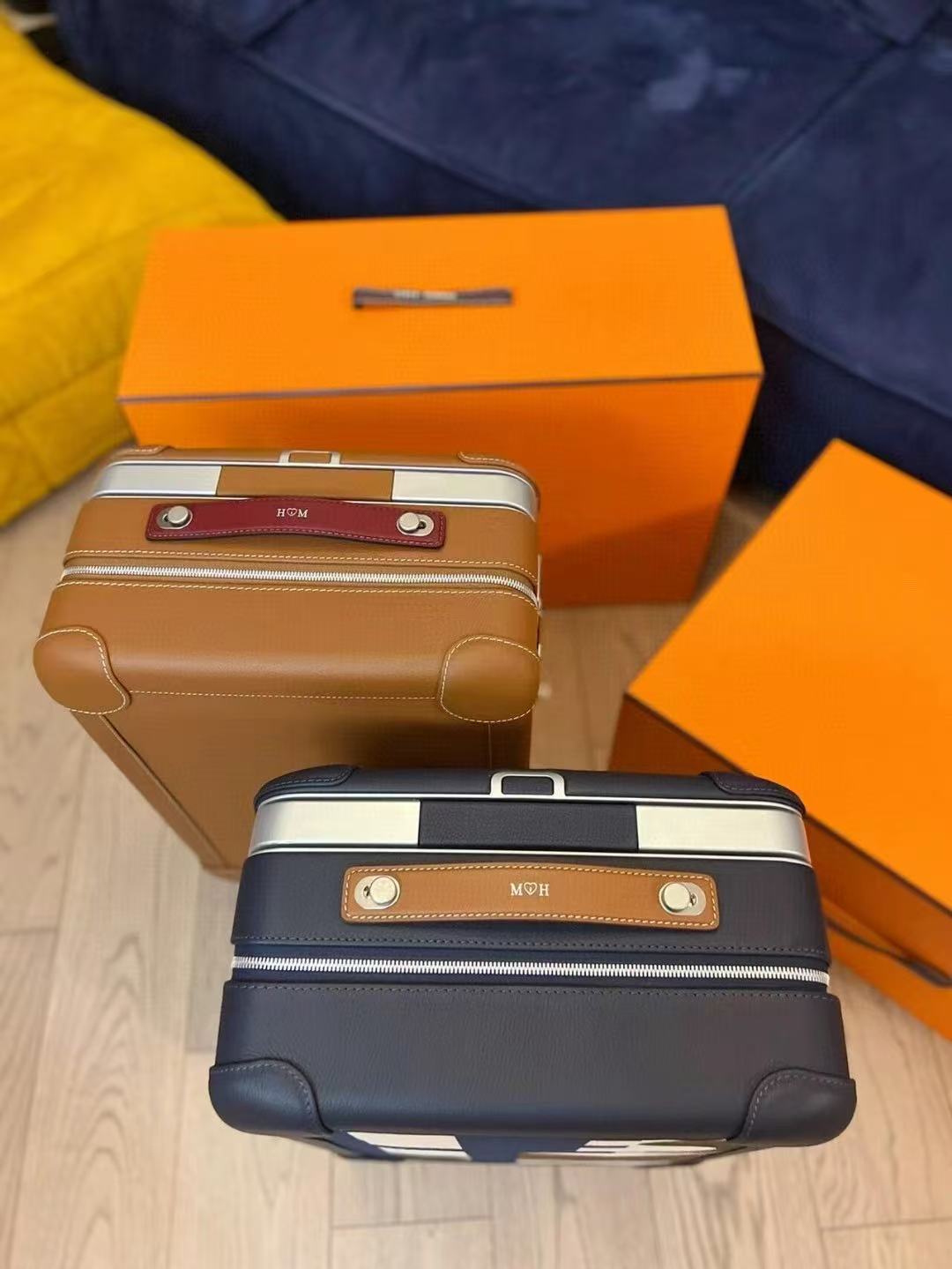 HM R.M.S Cabin Suitcase Printed H Plume Canvas & Taurillon Regate Leather