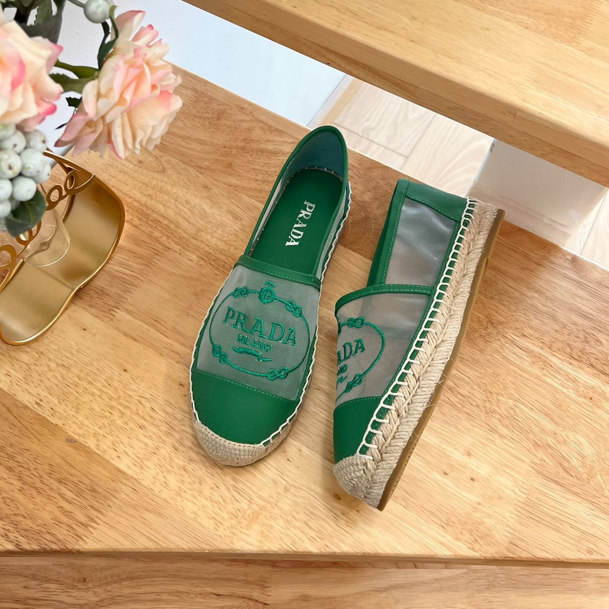 Prada 26s Embroidered Logo Espadrille Flats Green Mesh Calfskin