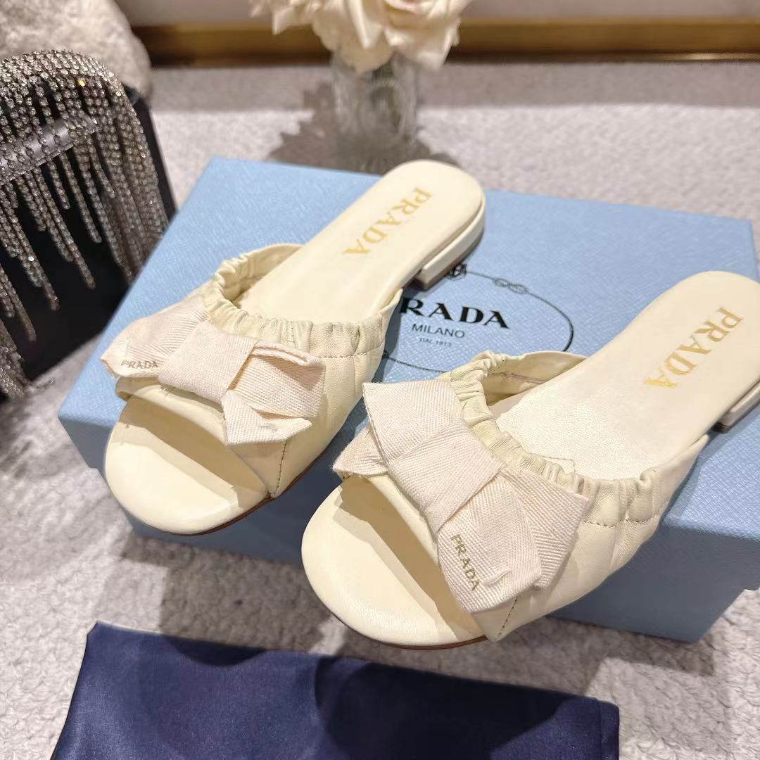 Prada 26s Ruched Bow Slide Sandals Ivory White Calfskin