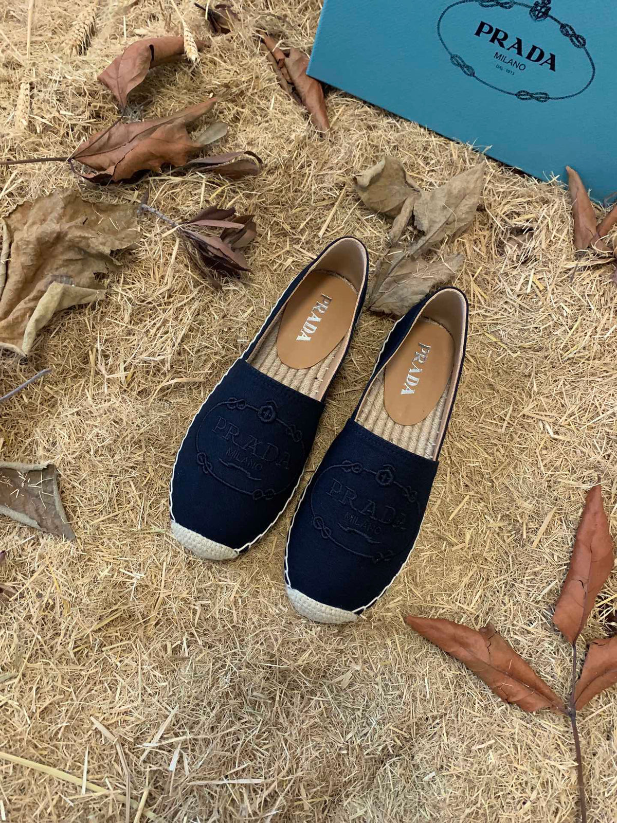 Prada 26s Espadrille Flats Black Canvas Embroidered Logo