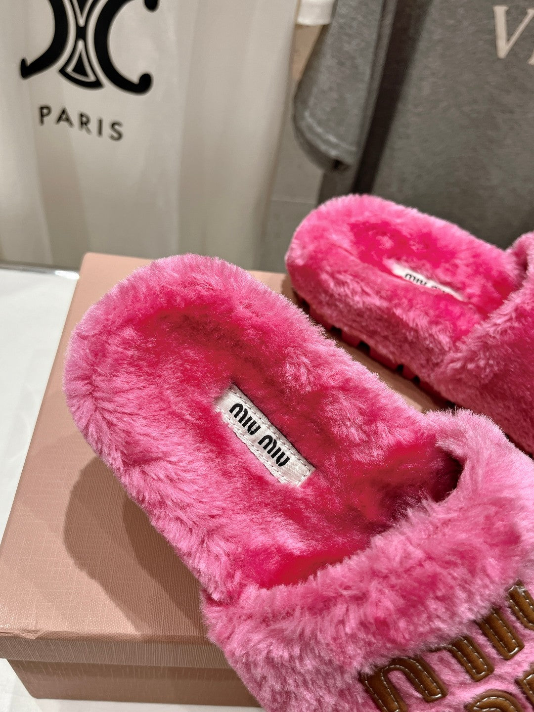 Miumiu 26s Flat Slides Pink Shearling