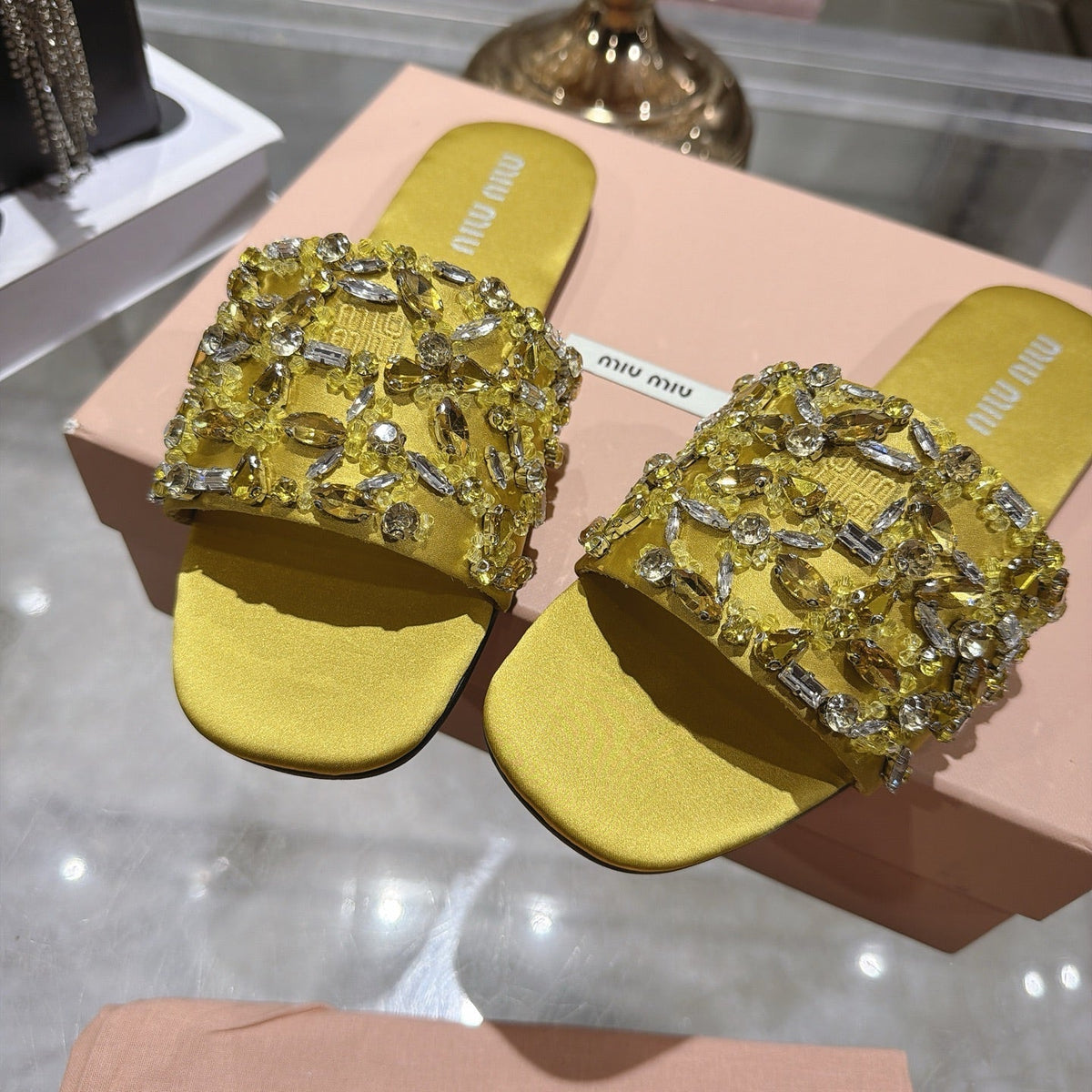 Miumiu 26s Sandals Yellow Embellished Silk