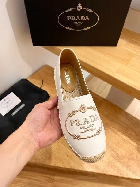 Prada 26s Embroidered Logo Espadrille Flats White Calfskin