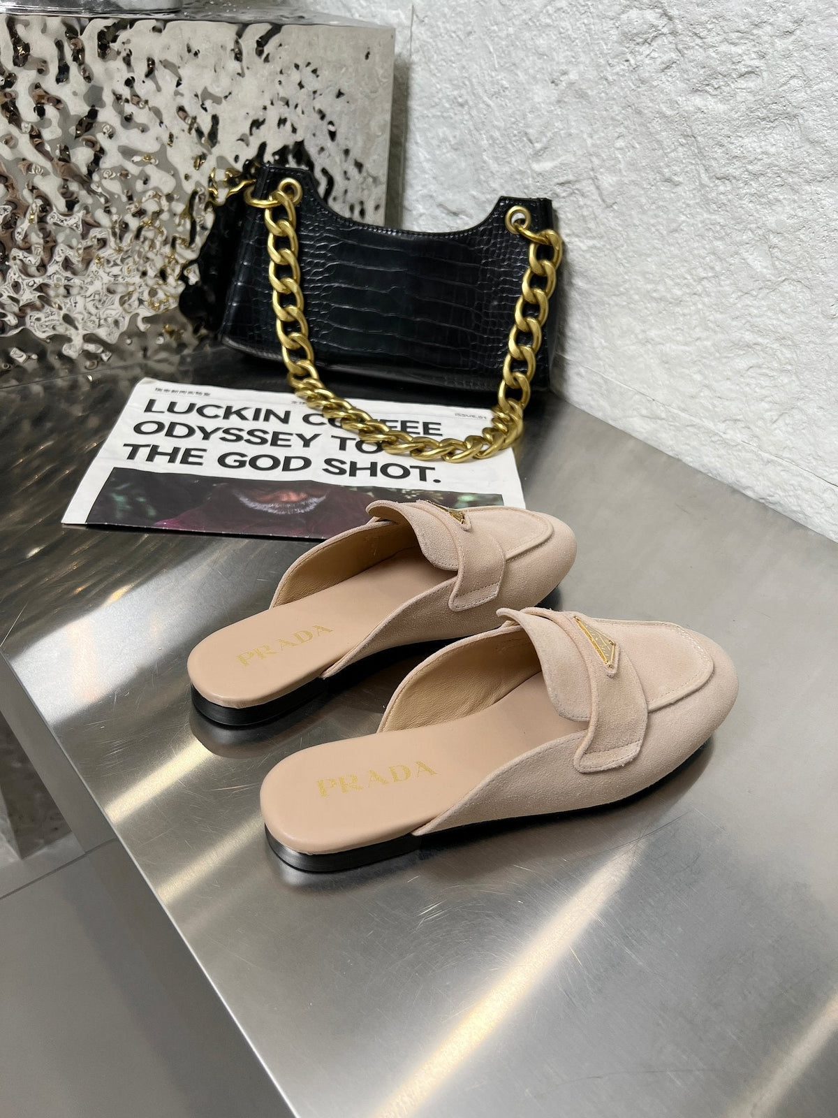 Prada 26s Mule Loafers Nude Beige Suede With Logo