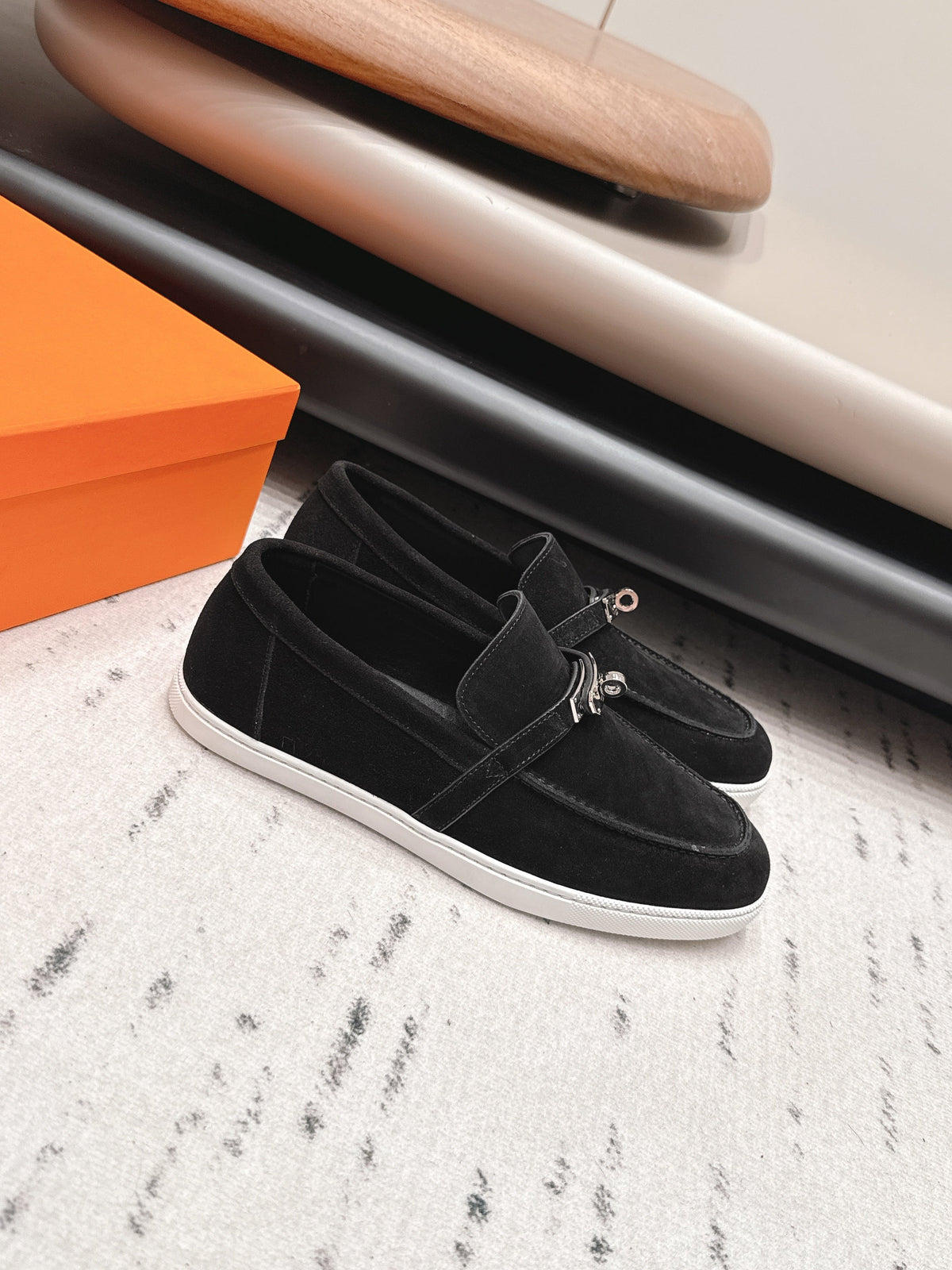 HM 26S Kelly Paris Loafers Black Suede Silver Hardware