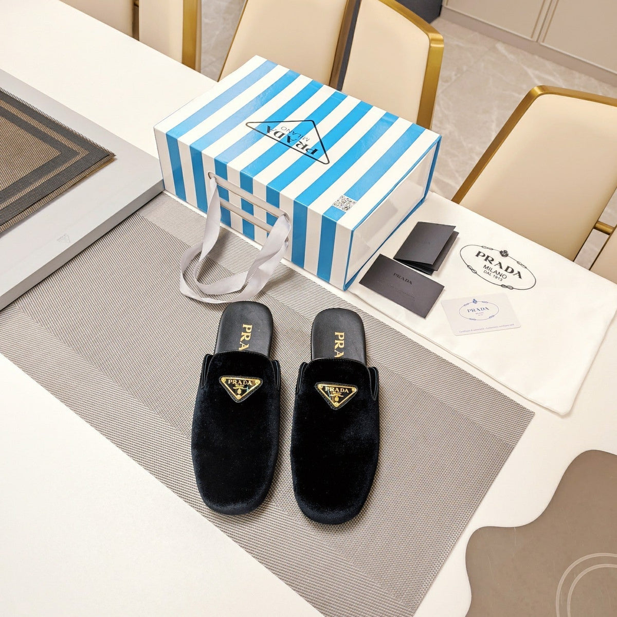 Prada 26s Square Toe Slippers Black Velvet