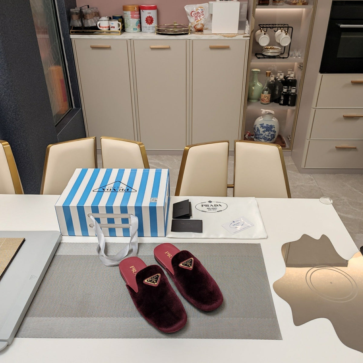 Prada 26s Square Toe Slippers Burgundy Red Velvet