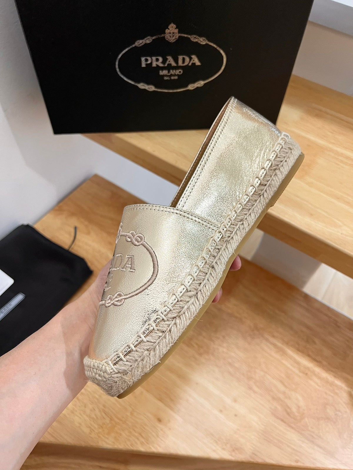 Prada 26s Embroidered Logo Espadrille Flats Gold Calfskin