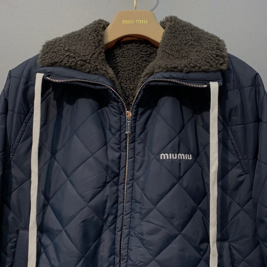 Miumiu 2026 Quilted Down Jacket Navy Blue Pongé Fabric 421170
