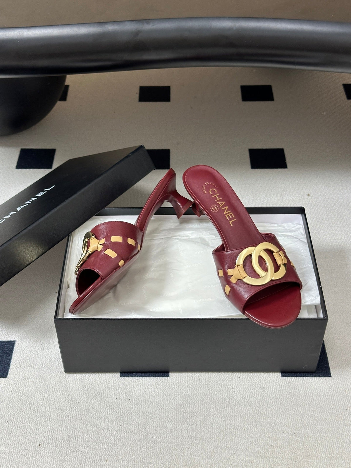 CC 26S High Heel Mule in Red Lambskin with Gold-Tone CC Logo