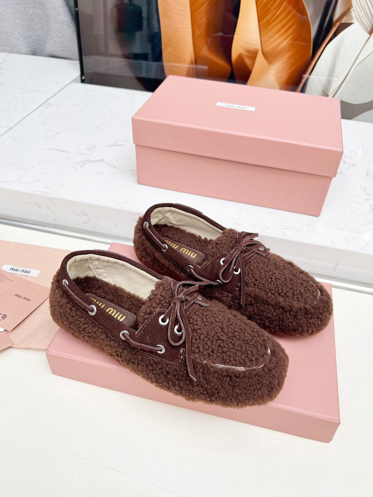 Miumiu 26s Boat Loafers Dark Brown Shearling