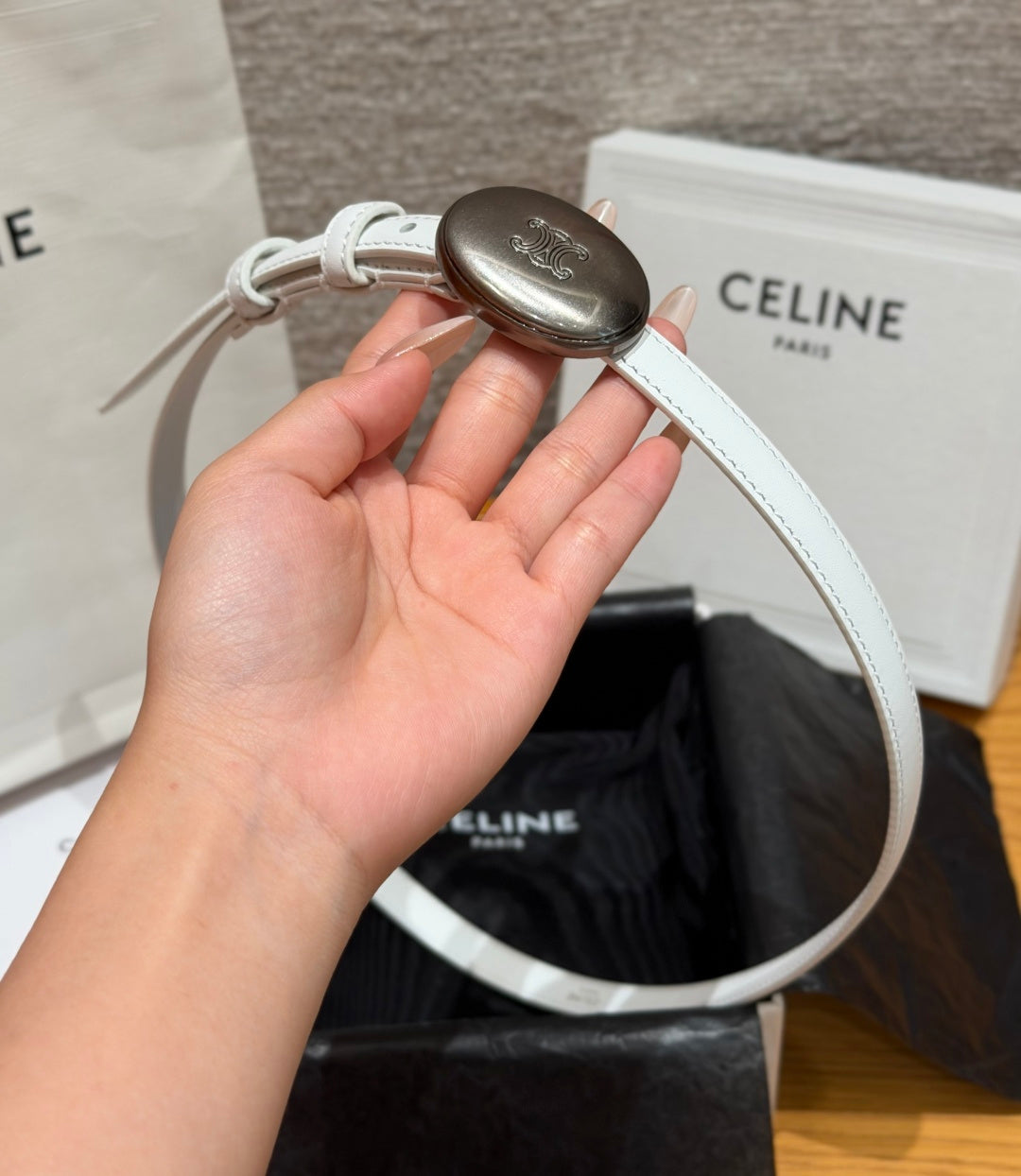 Celine 2026 Triomphe Dark Silver Buckle Belt 13mm Leather