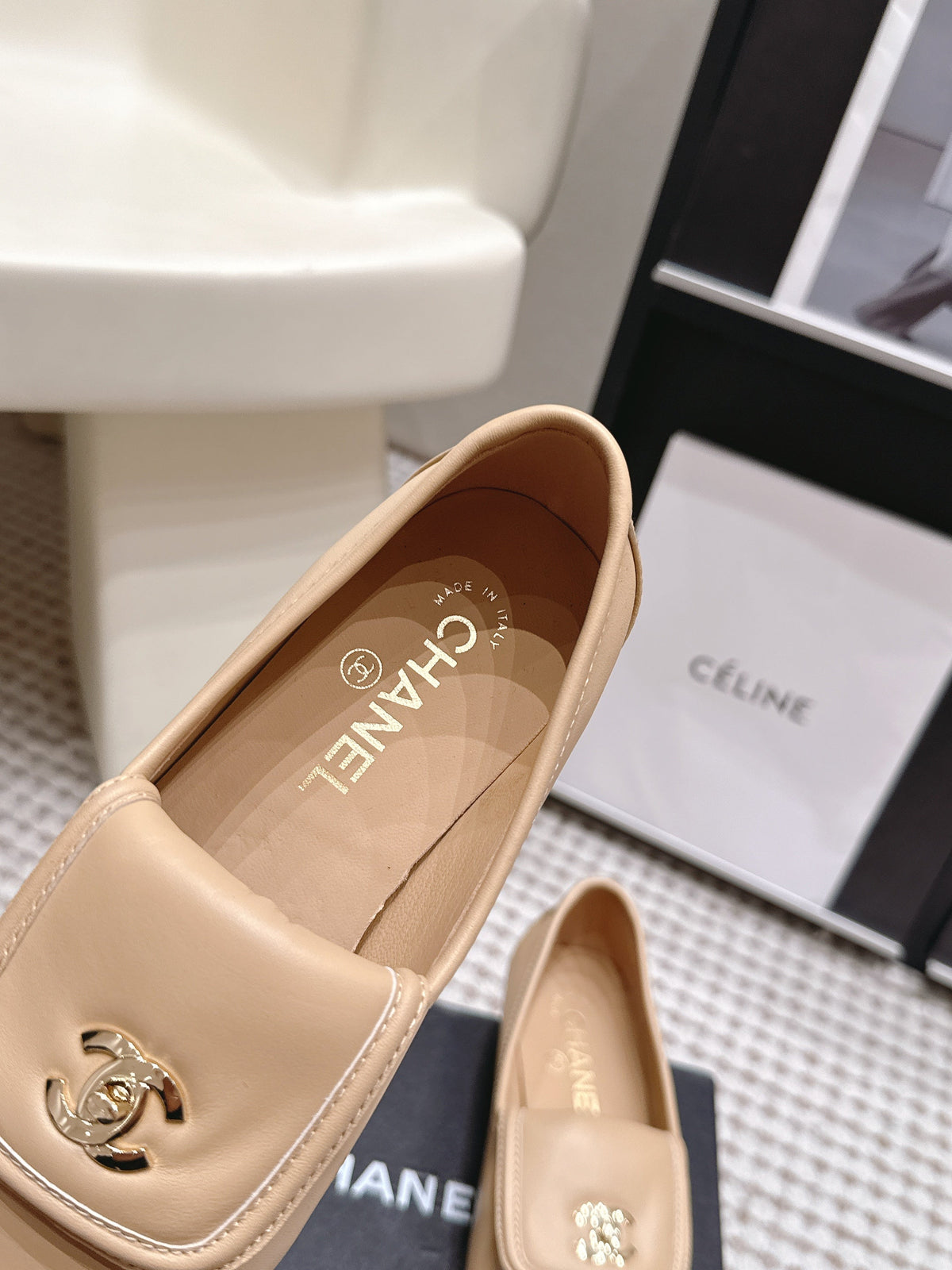 CC 26S Loafers in Beige Calfskin with Gold-Tone CC Logo