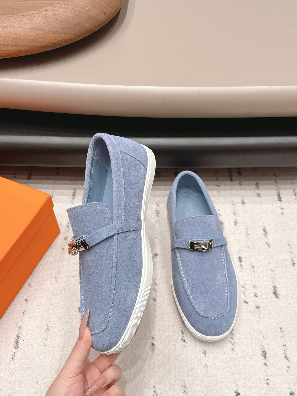 HM 26S Kelly Paris Loafers Light Blue Suede Silver Hardware
