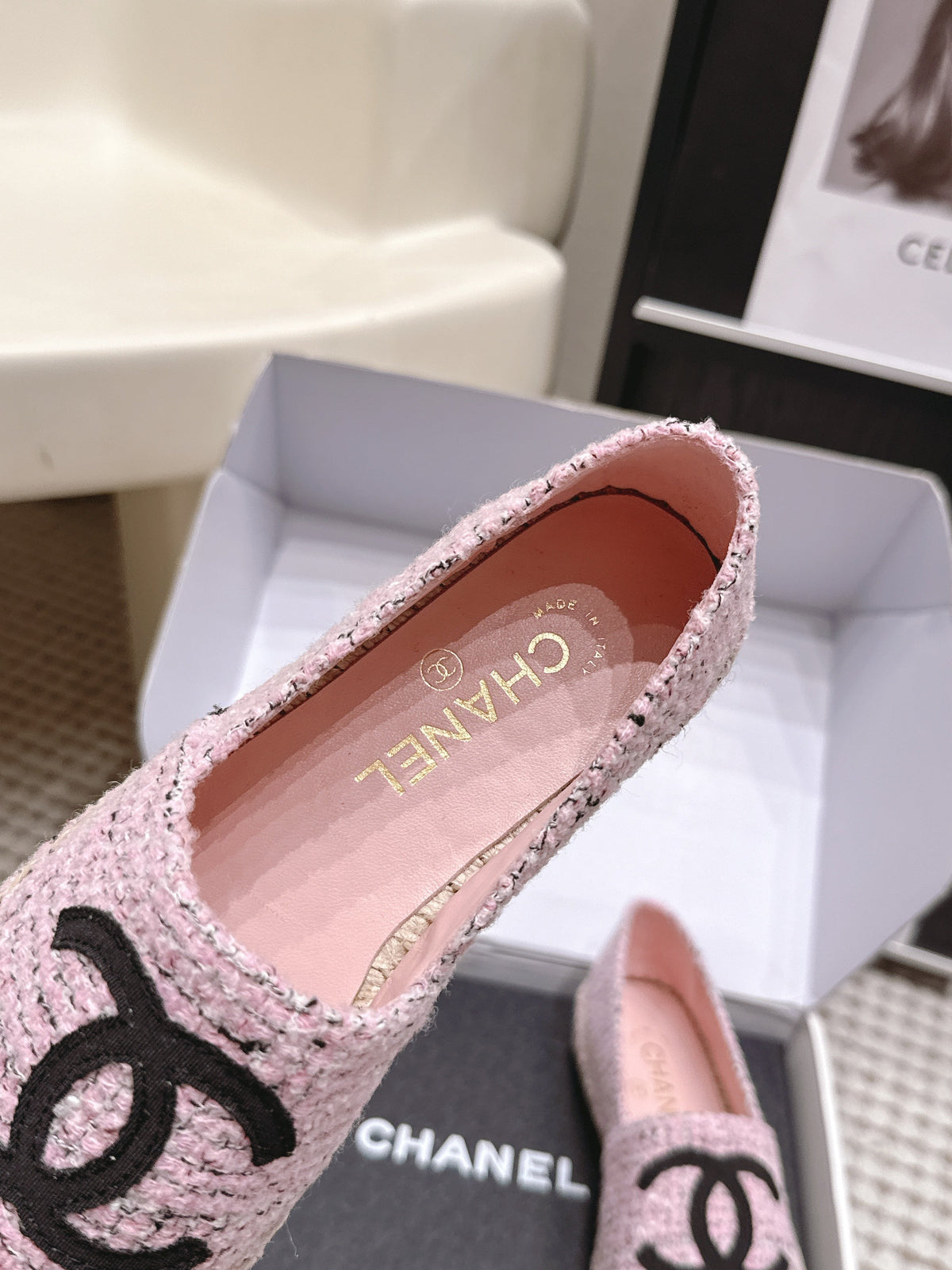 CC 26S Slip-Ons in Pink Mix Black Tweed and Patent Calfskin