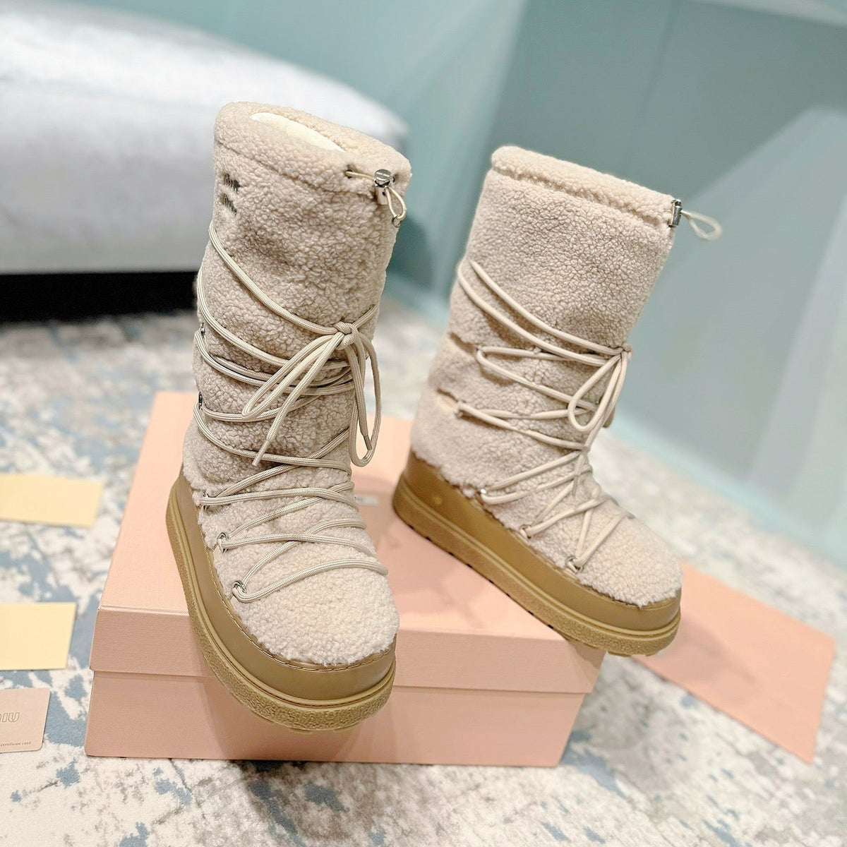 Miumiu 26s Ankle Snow Boots Beige Wool Style 15