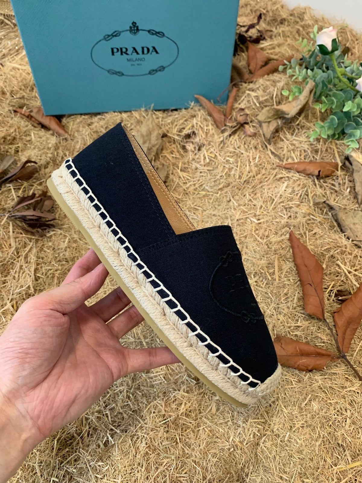 Prada 26s Espadrille Flats Black Canvas Embroidered Logo