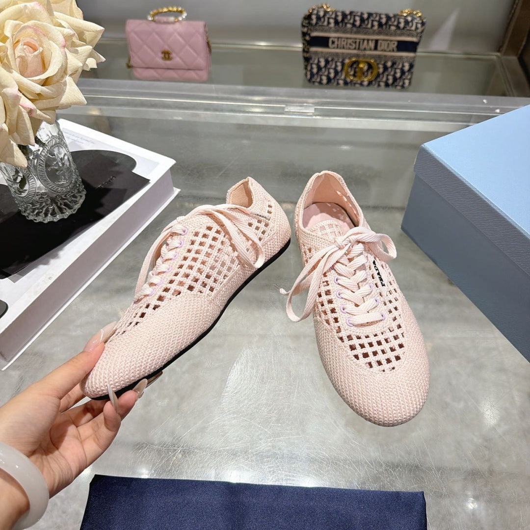 Prada 26s Lace Up Openwork Knit Sneakers Blush Pink Knit Fabric