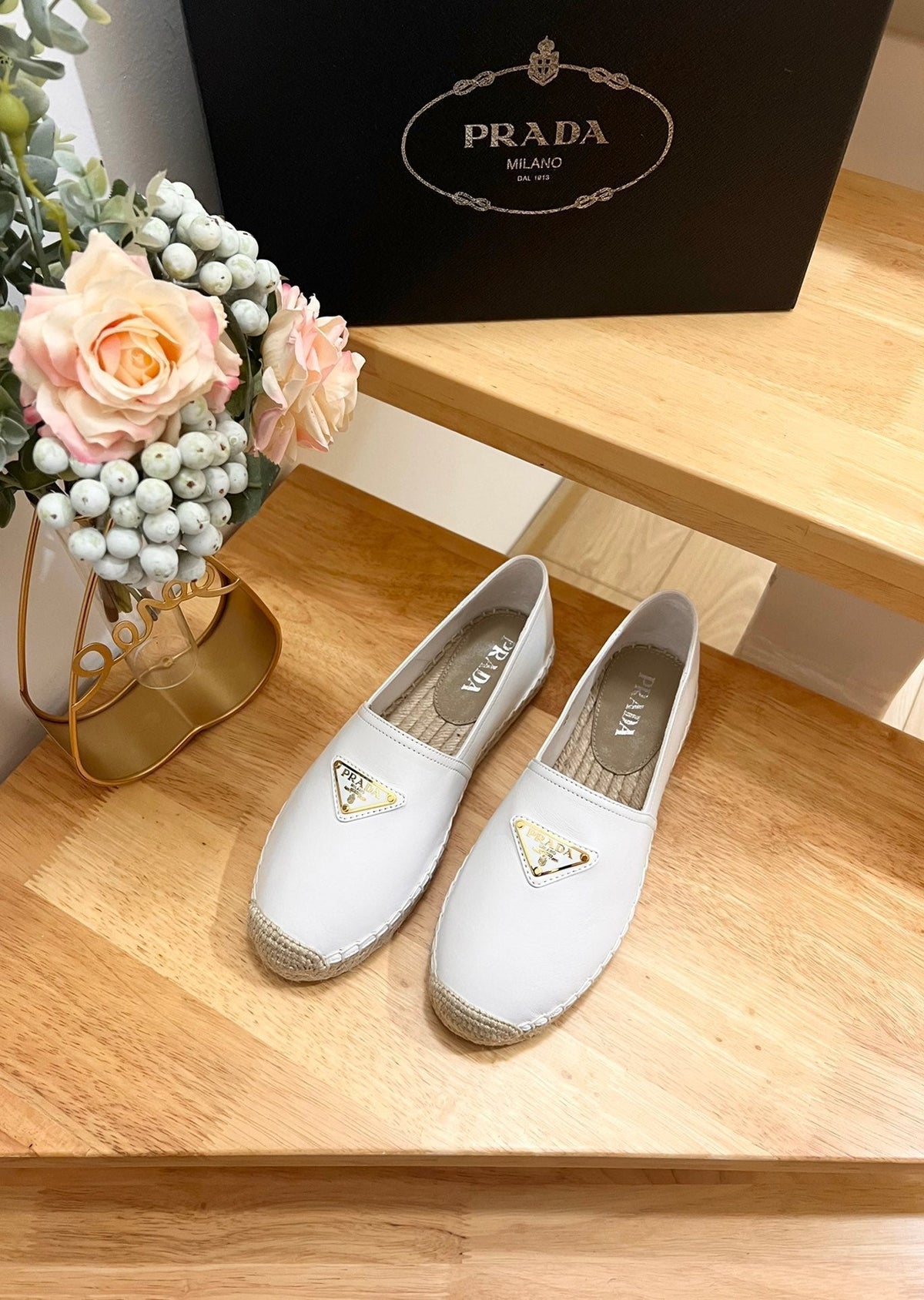 Prada 26s Logo Espadrille Slip On Flats White Calfskin