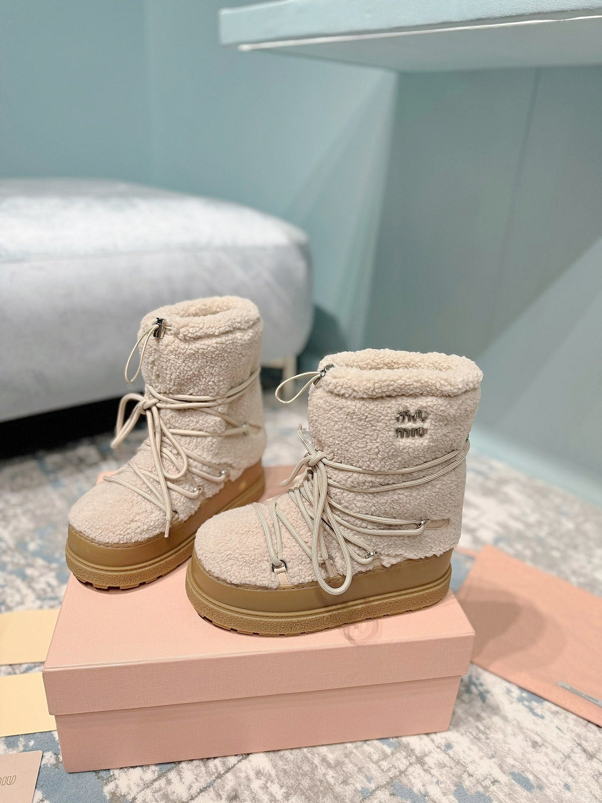 Miumiu 26s Ankle Snow Boots Beige Wool