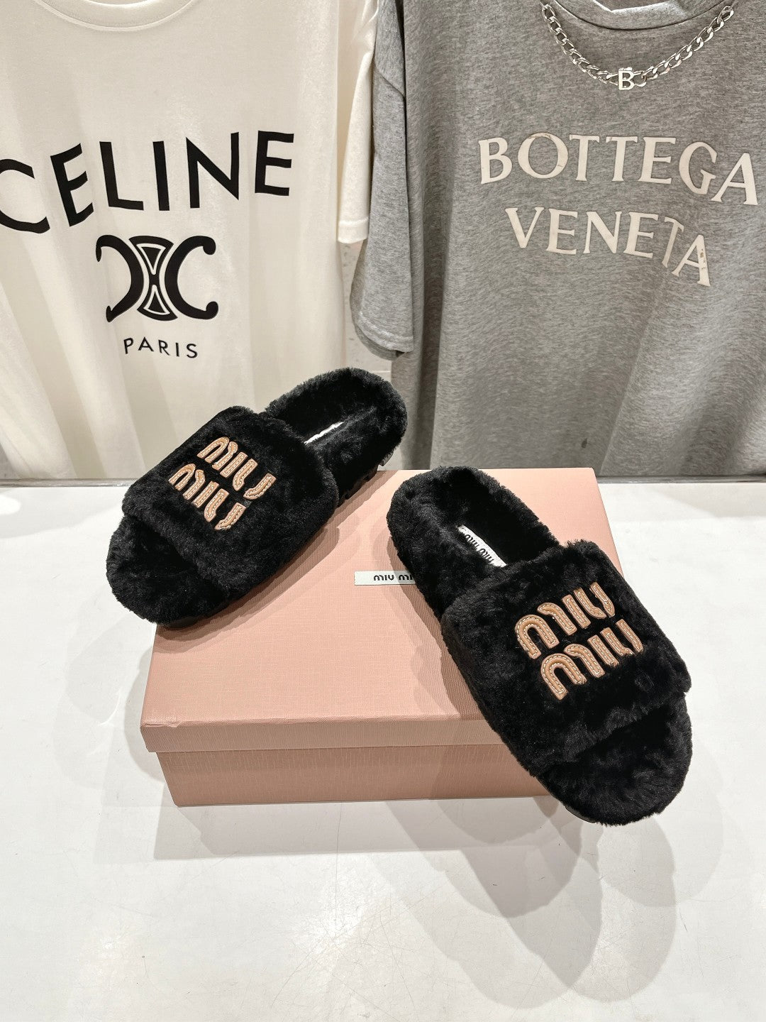 Miumiu 26s Flat Slides Black Shearling
