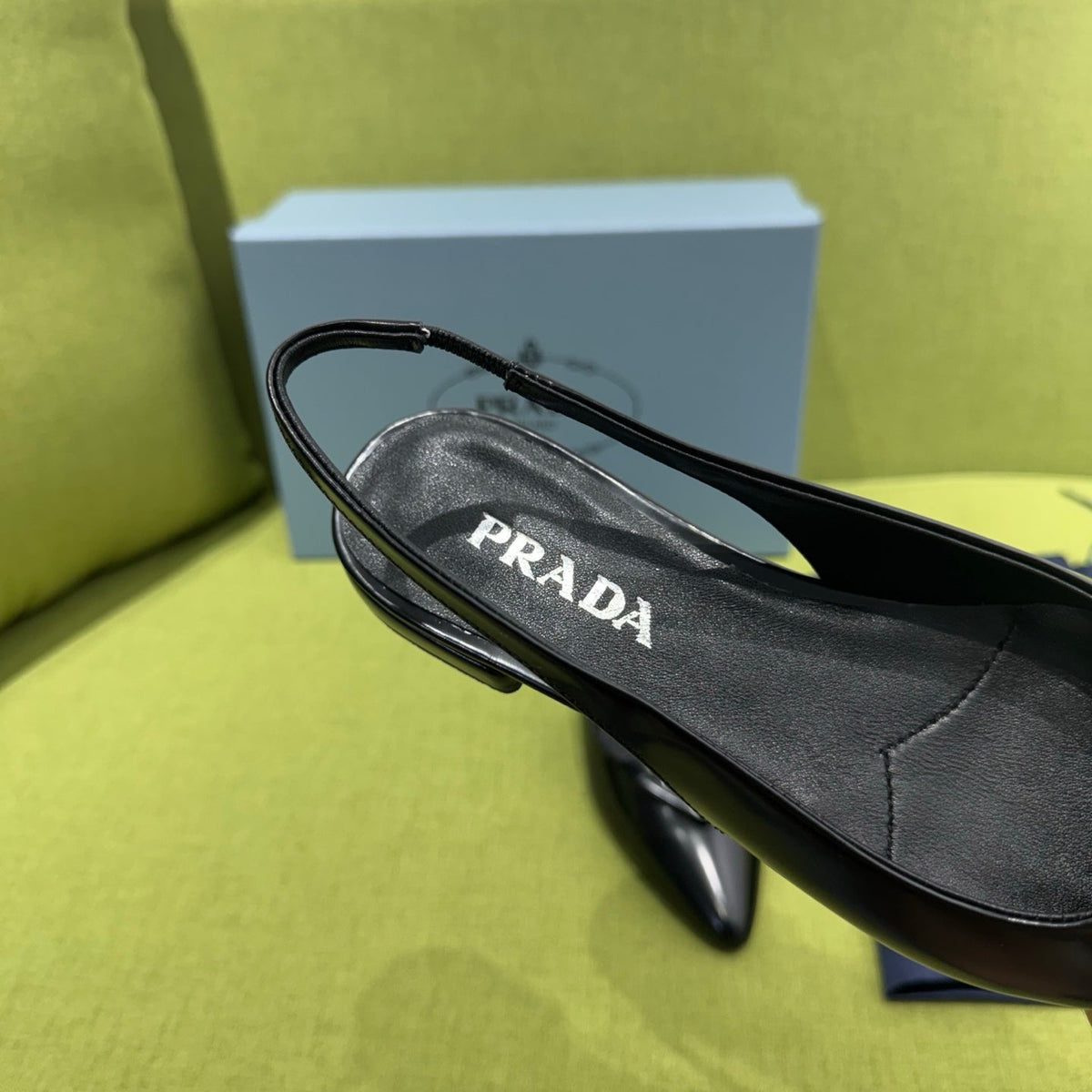 Prada 2026 Spazzolato Triangle Logo Slingback Flat Patent Leather 148638