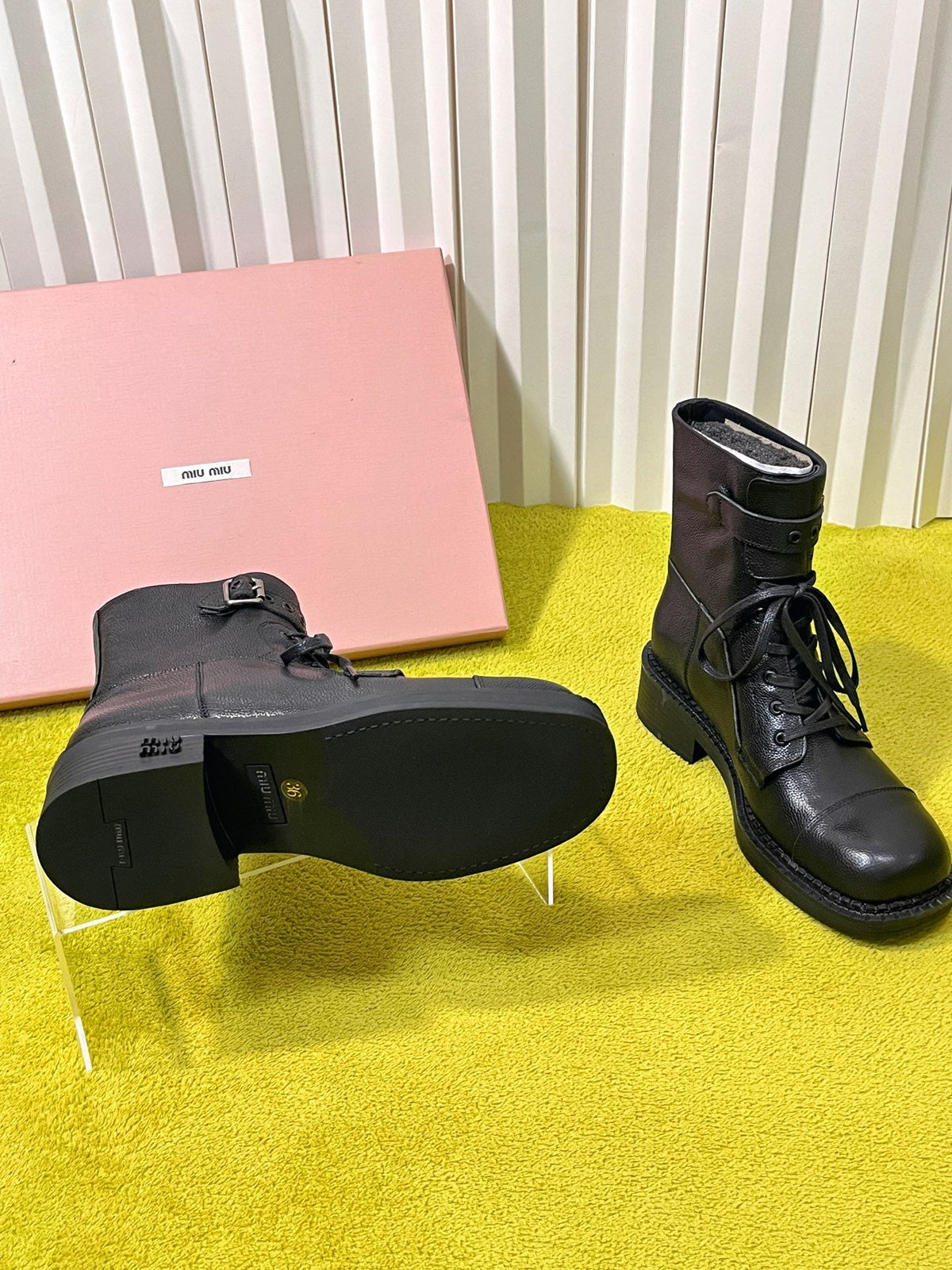 Miu 26S Mid-Calf Lace-Up Boots 4CM Triple Buckle Black Pebbled Leather 137188