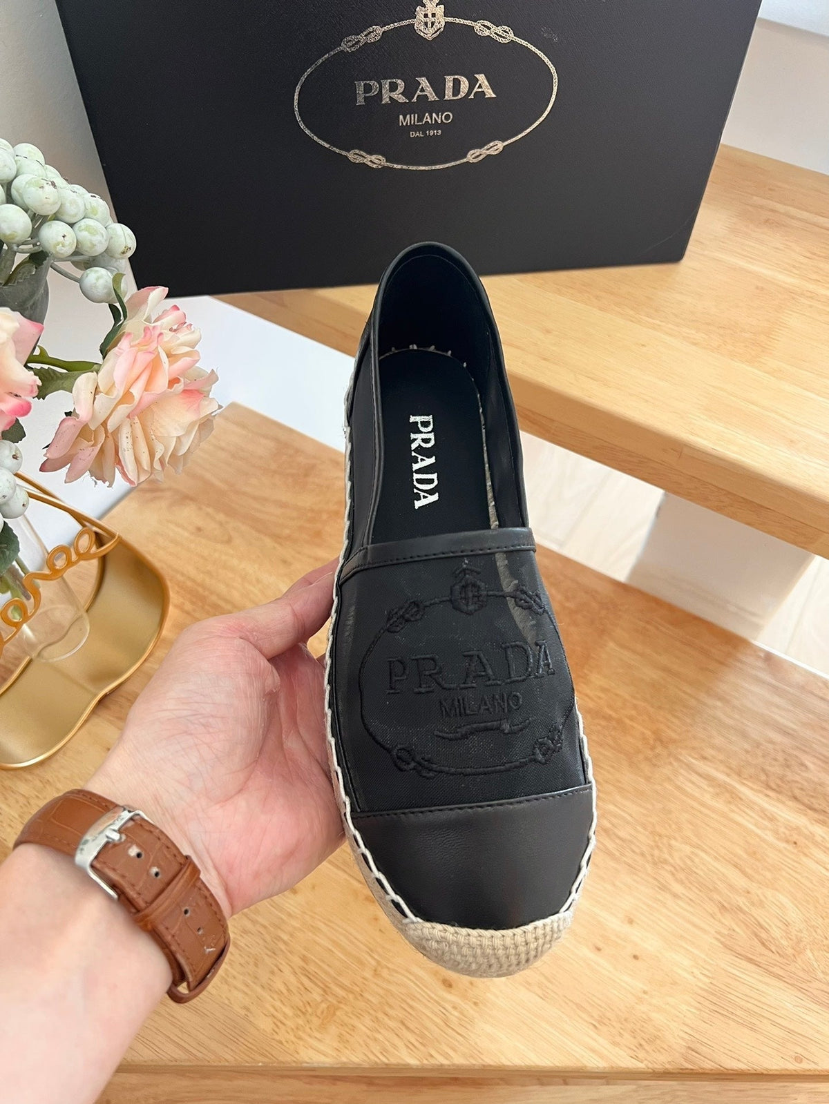 Prada 26s Embroidered Logo Espadrille Flats Black Mesh Calfskin