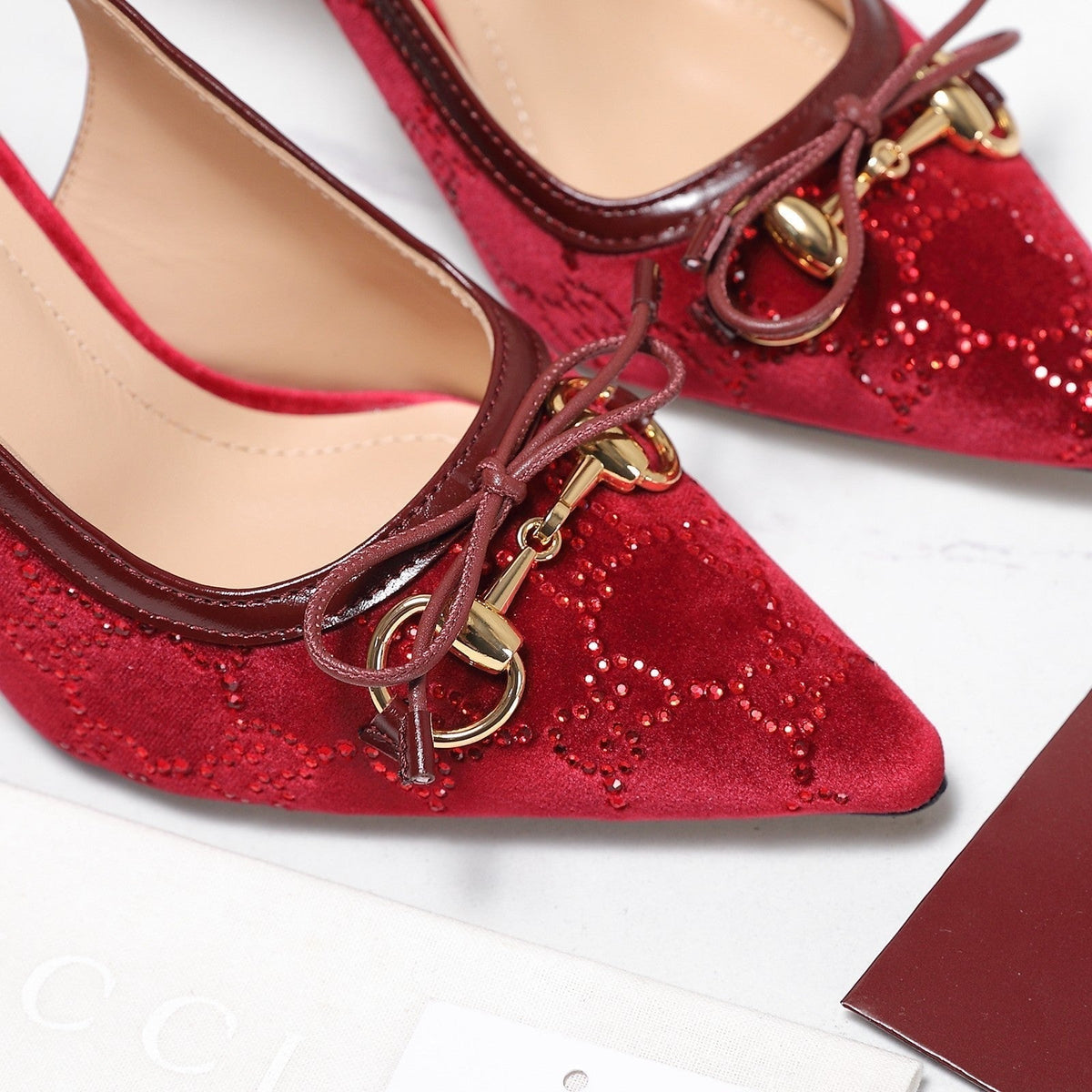 Gucci 26s Slingback Pumps 10cm Dark Red Velvet Gold Hardware With Bow