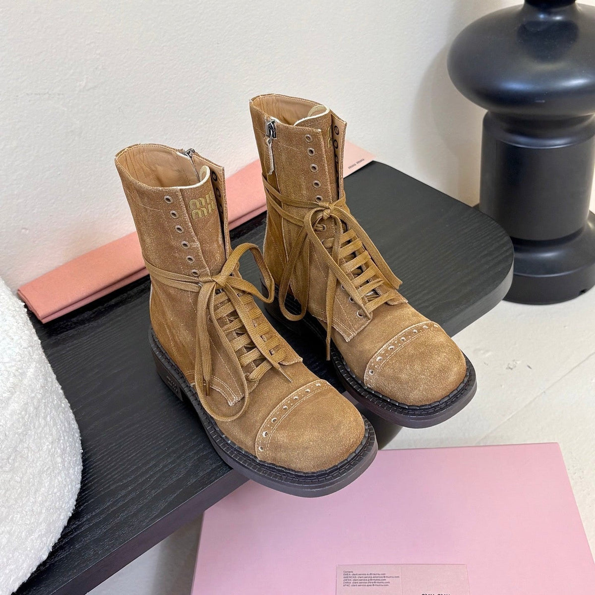 Miumiu 25s Laced Booties Cinnamon Brown Suede
