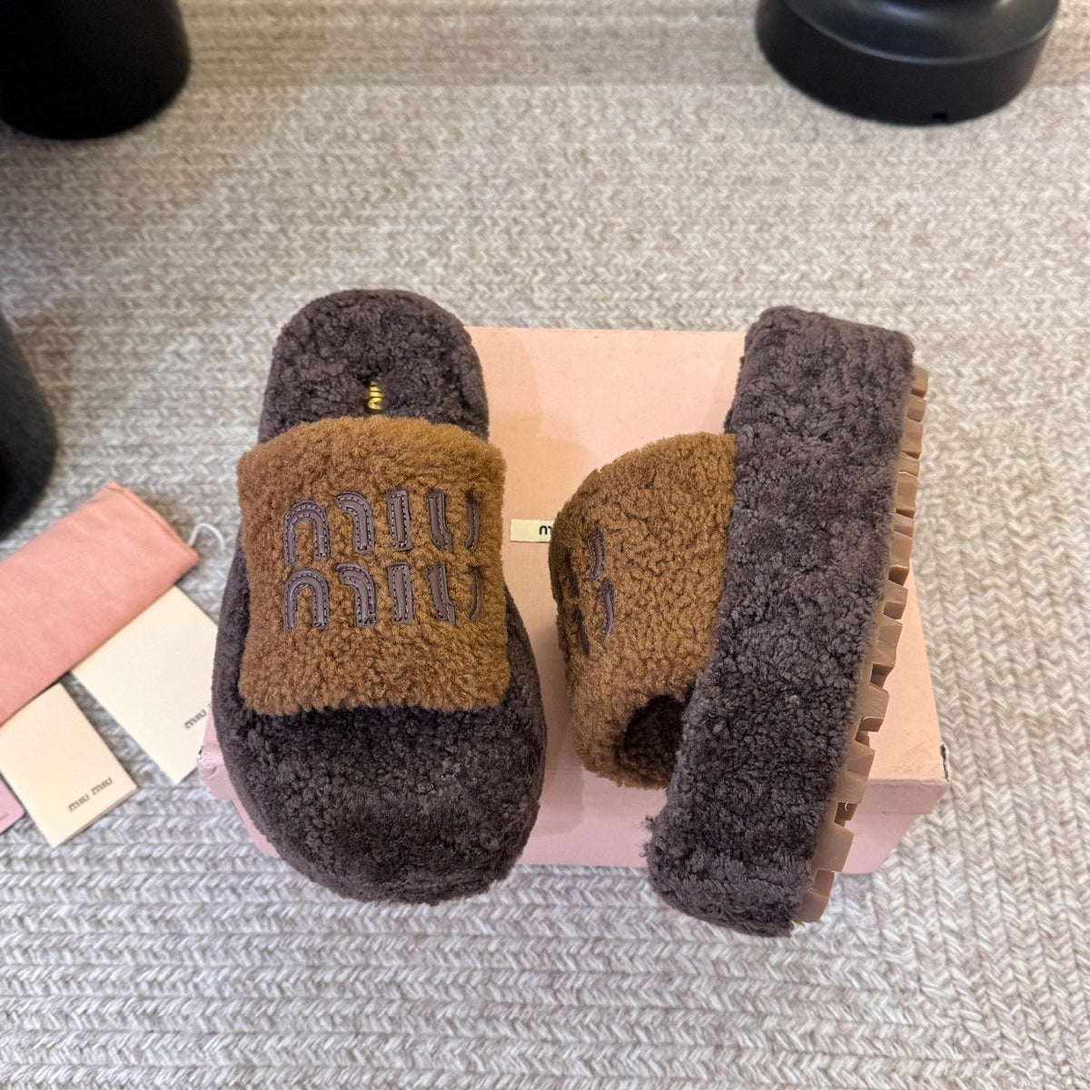 Miumiu 26s Platform Slides Dark Brown Shearling