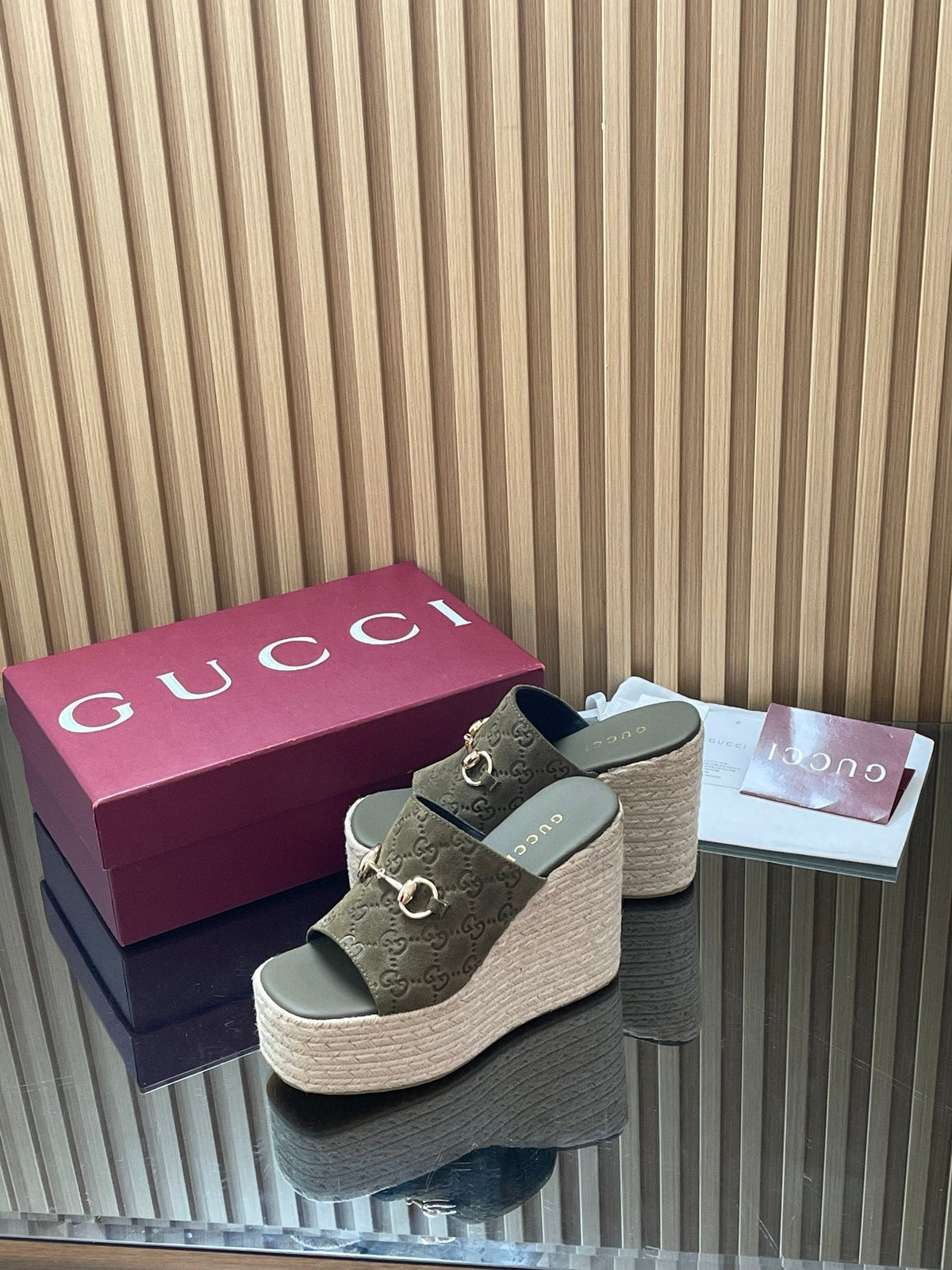 Gucci 26S Wedge Sandals 11Cm In Olive Green Suede GG Monogram