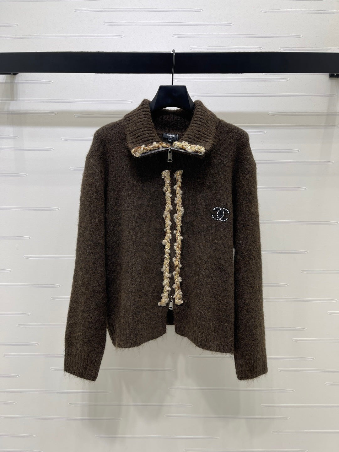 CC 26FW Textured-Trim Zip-Up Sweater CC Logo Cashmere 274028