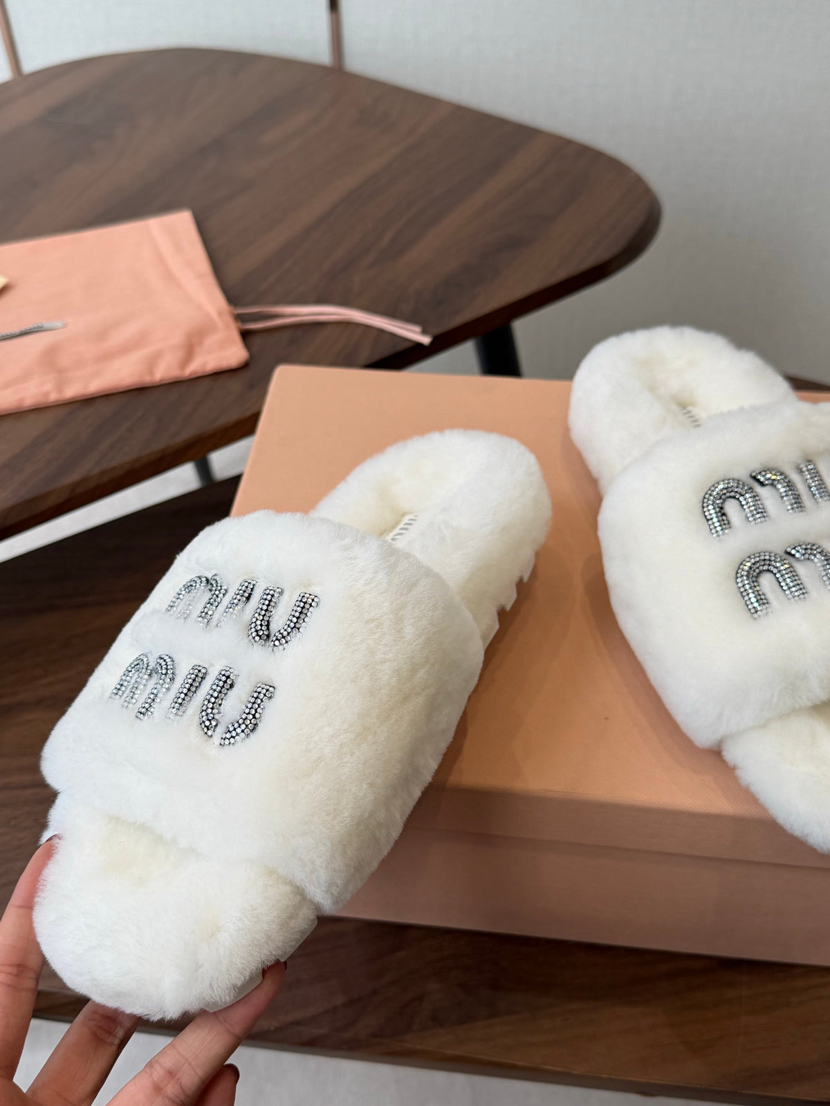 Miumiu 26s Crystal Logo Slides White Shearling
