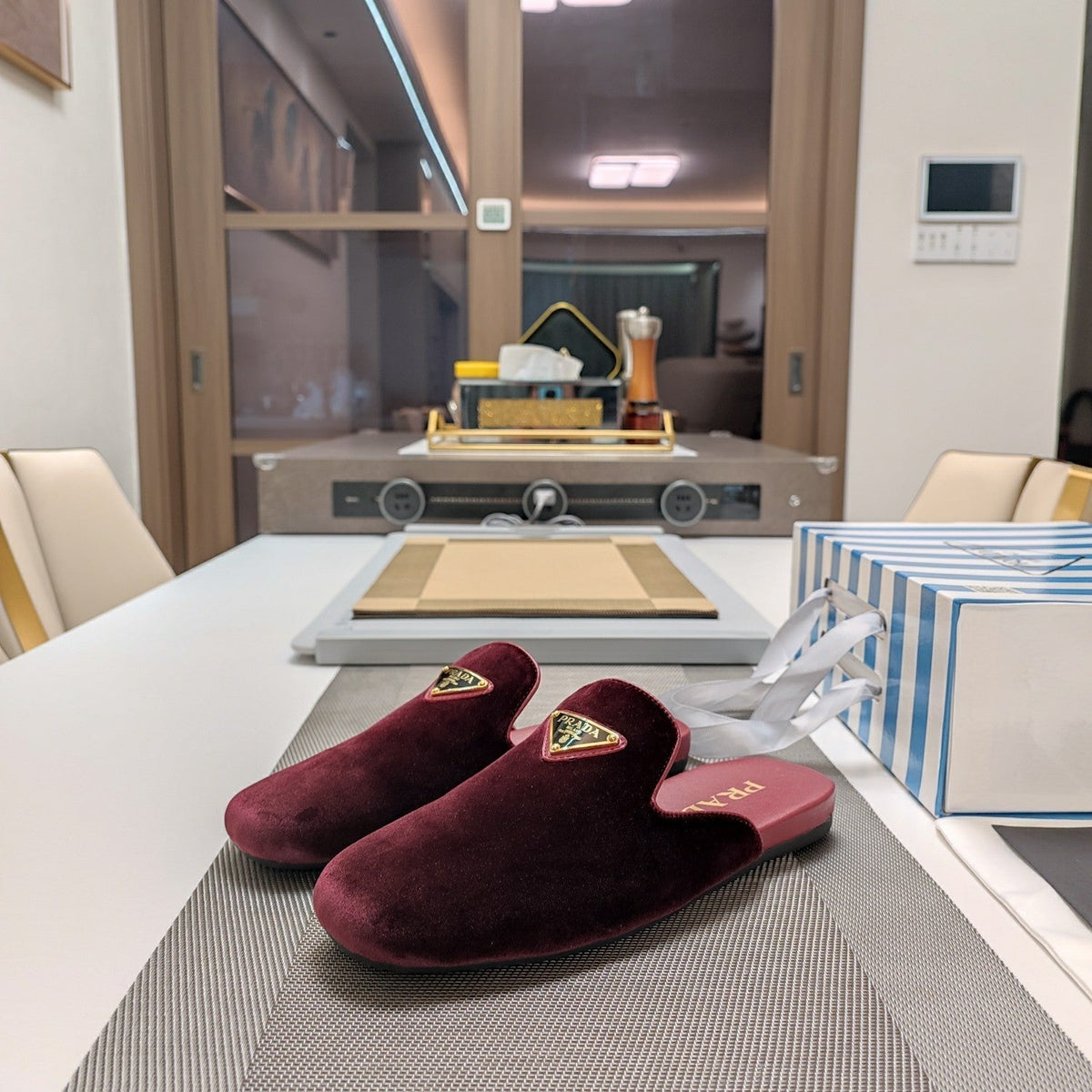 Prada 26s Square Toe Slippers Burgundy Red Velvet