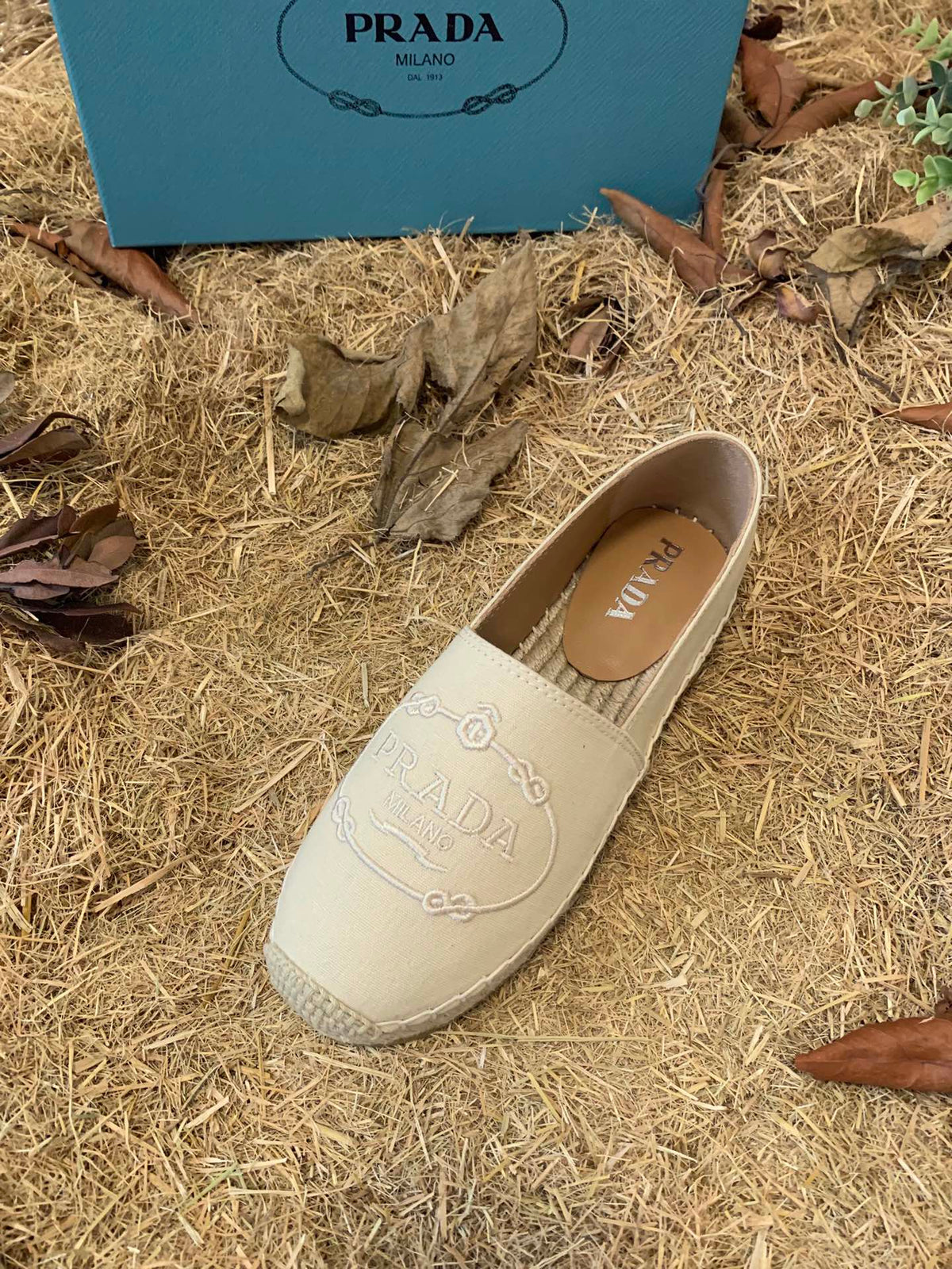 Prada 26s Espadrille Flats Light Beige Canvas Embroidered Logo