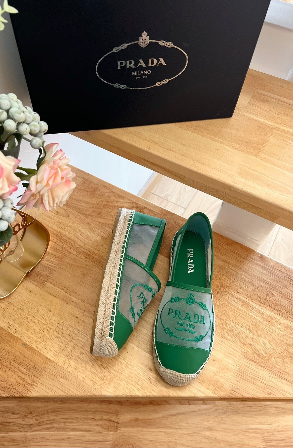 Prada 26s Embroidered Logo Espadrille Flats Green Mesh Calfskin