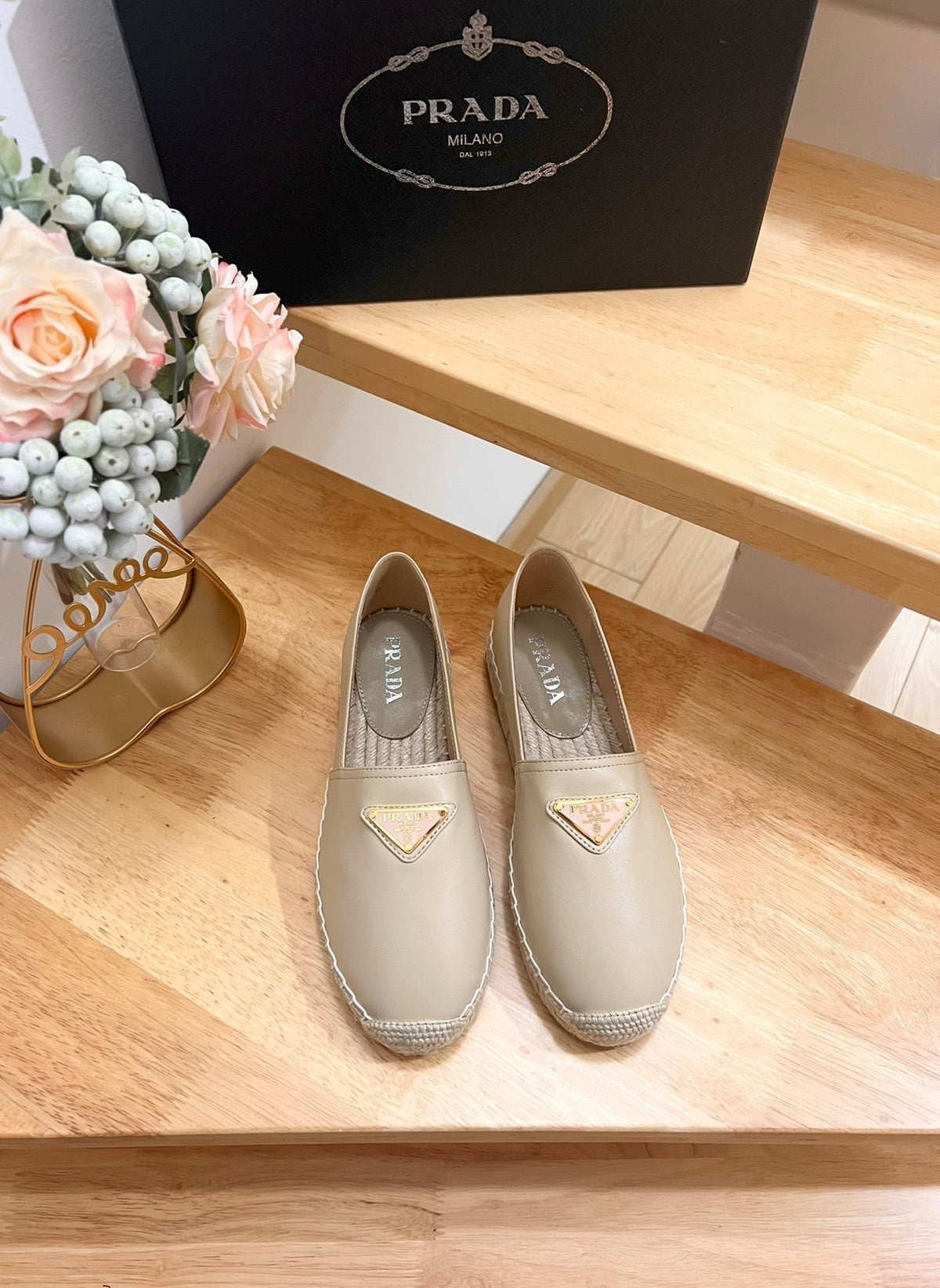 Prada 26s Logo Espadrille Slip On Flats Dark Beige Calfskin