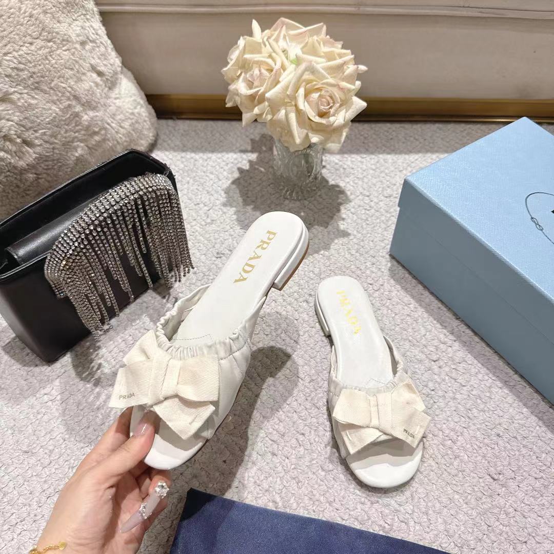 Prada 26s Ruched Bow Slide Sandals Cream White Calfskin