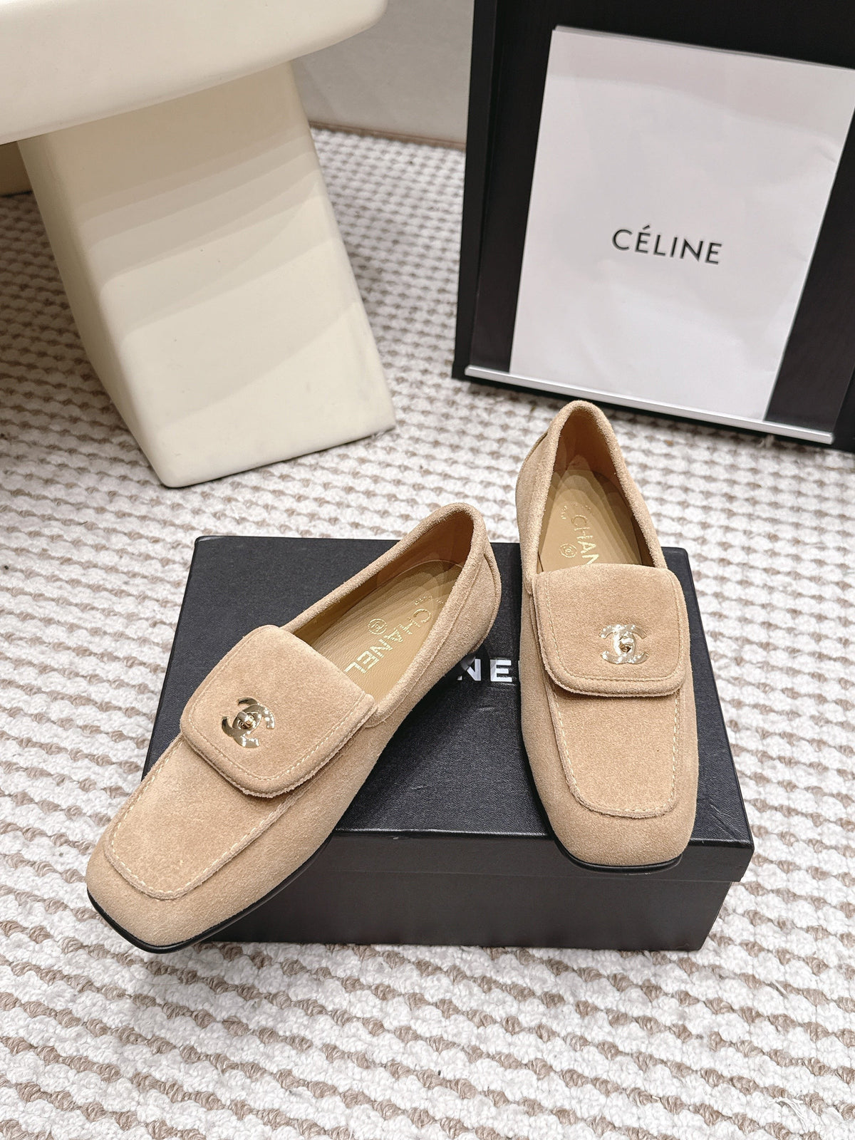 CC 26S Loafers in Beige Suede with Gold-Tone CC Logo