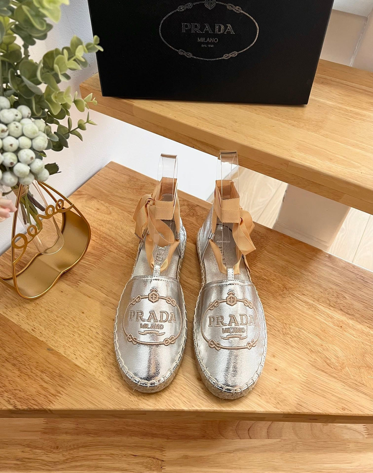 Prada 26s Lace Up Espadrille Flats Silver Calfskin
