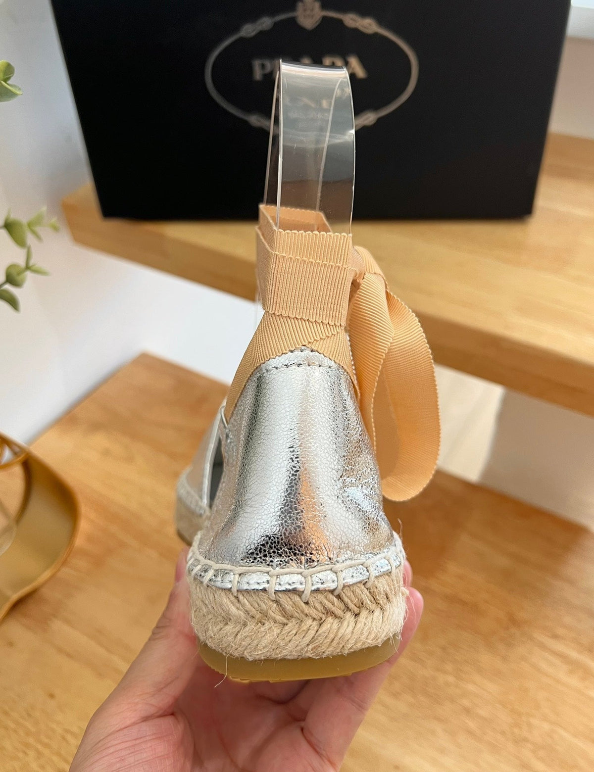 Prada 26s Lace Up Espadrille Flats Silver Calfskin