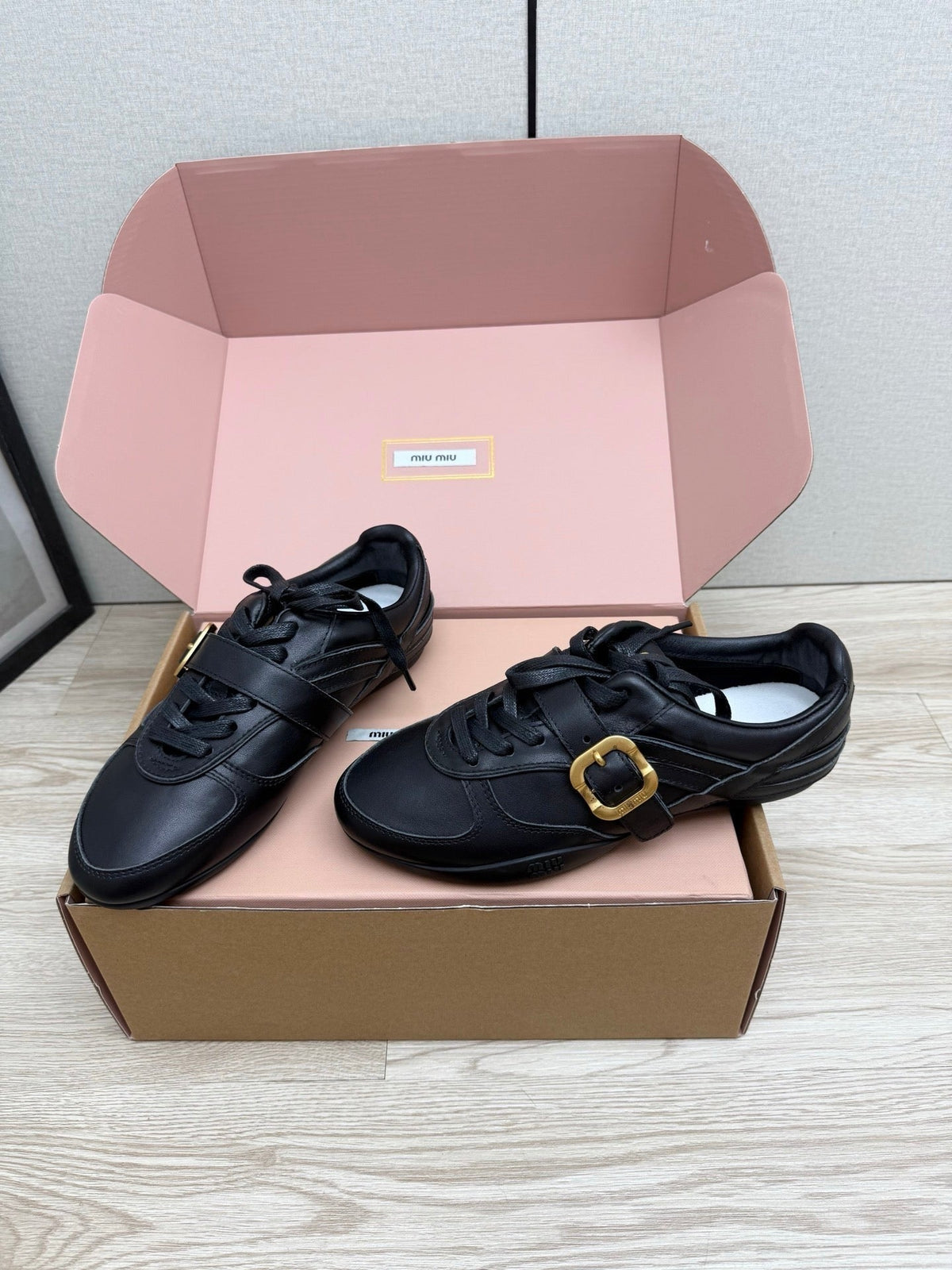 Miumiu 26s Buckle Sneakers Black Calfskin With Gold Hardware
