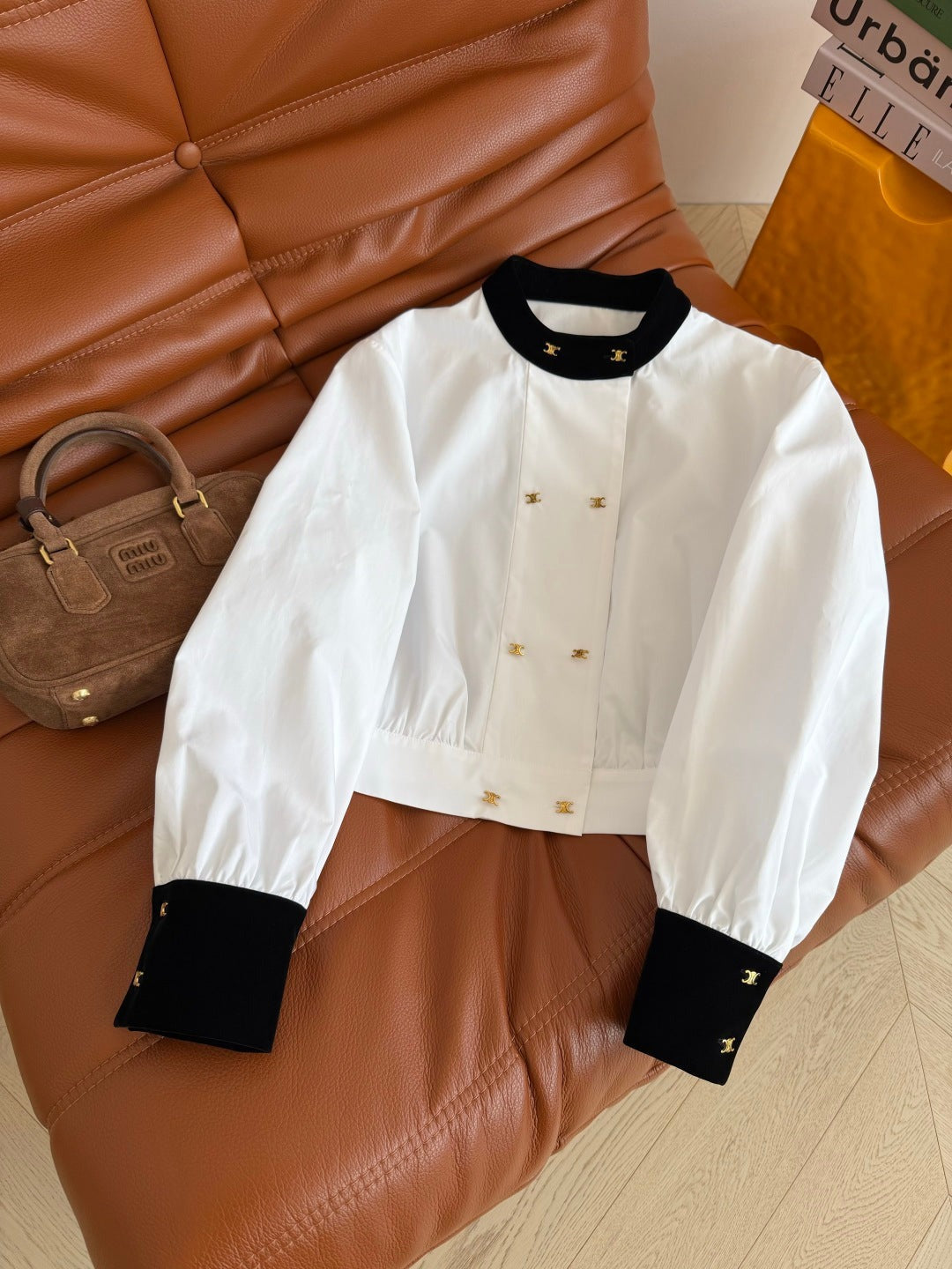 CC 26FW Triomphe Double-Breasted Velvet-Trim Shirt White 438607