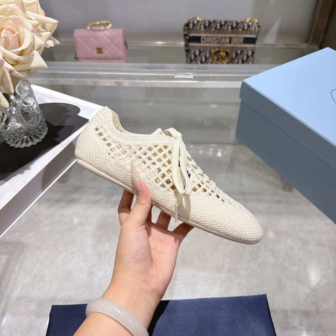 Prada 26s Lace Up Openwork Knit Sneakers Ivory White Knit Fabric