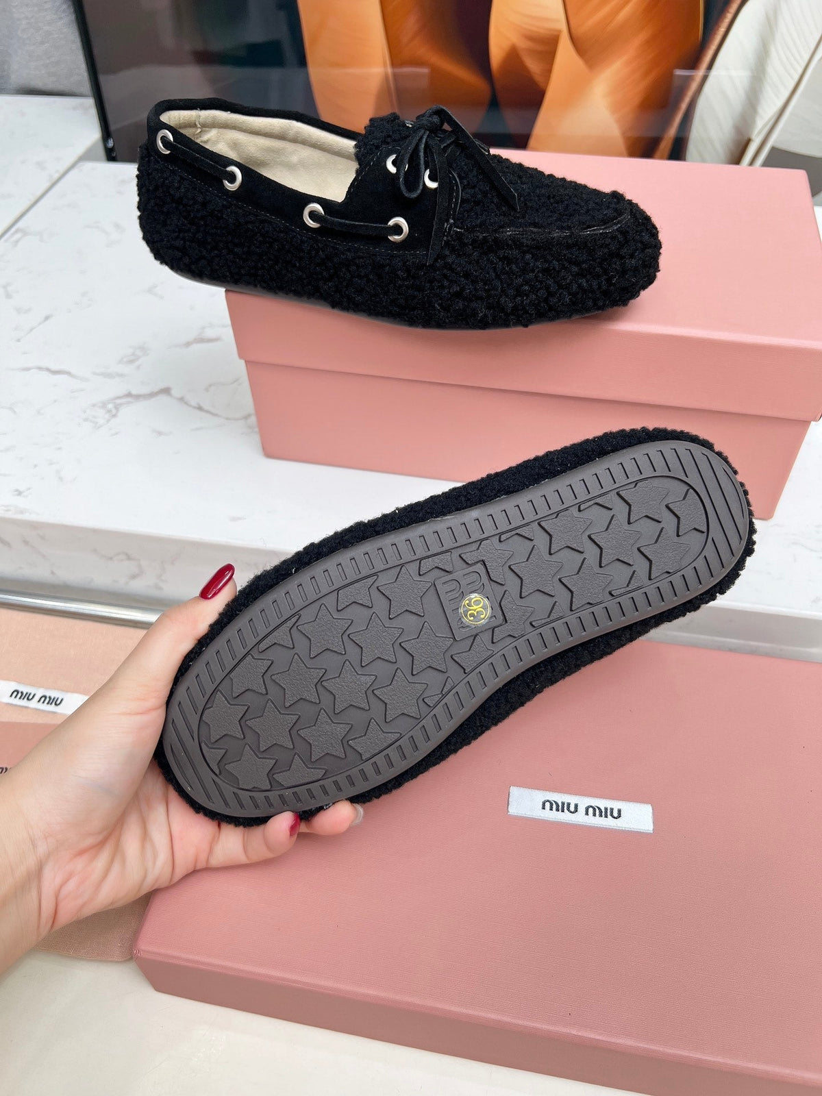 Miumiu 26s Boat Loafers Black Shearling