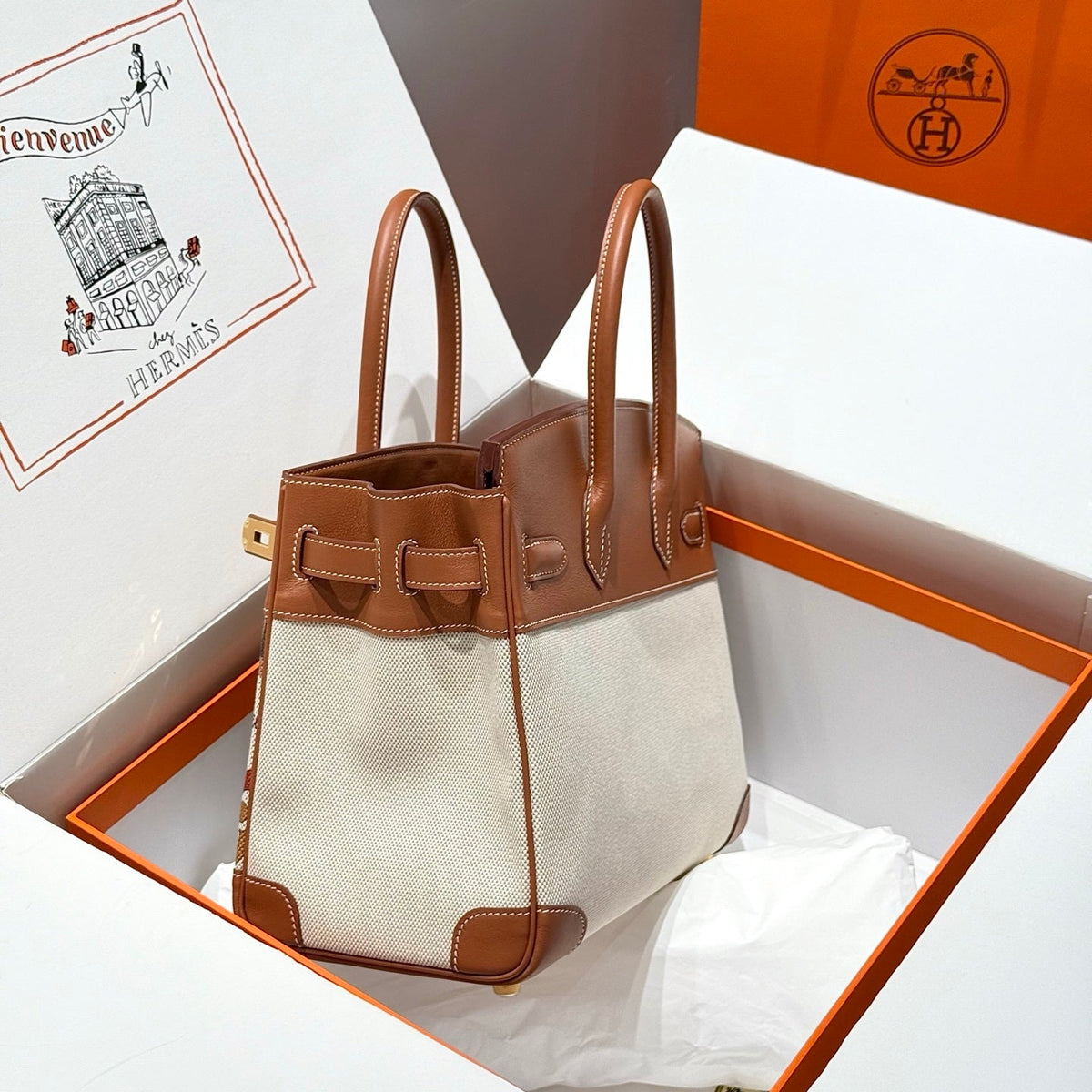 HM Birkin 40cm Golden Brown Swift Cowhide With Horse Totem Beige Canvas Fabric GHW