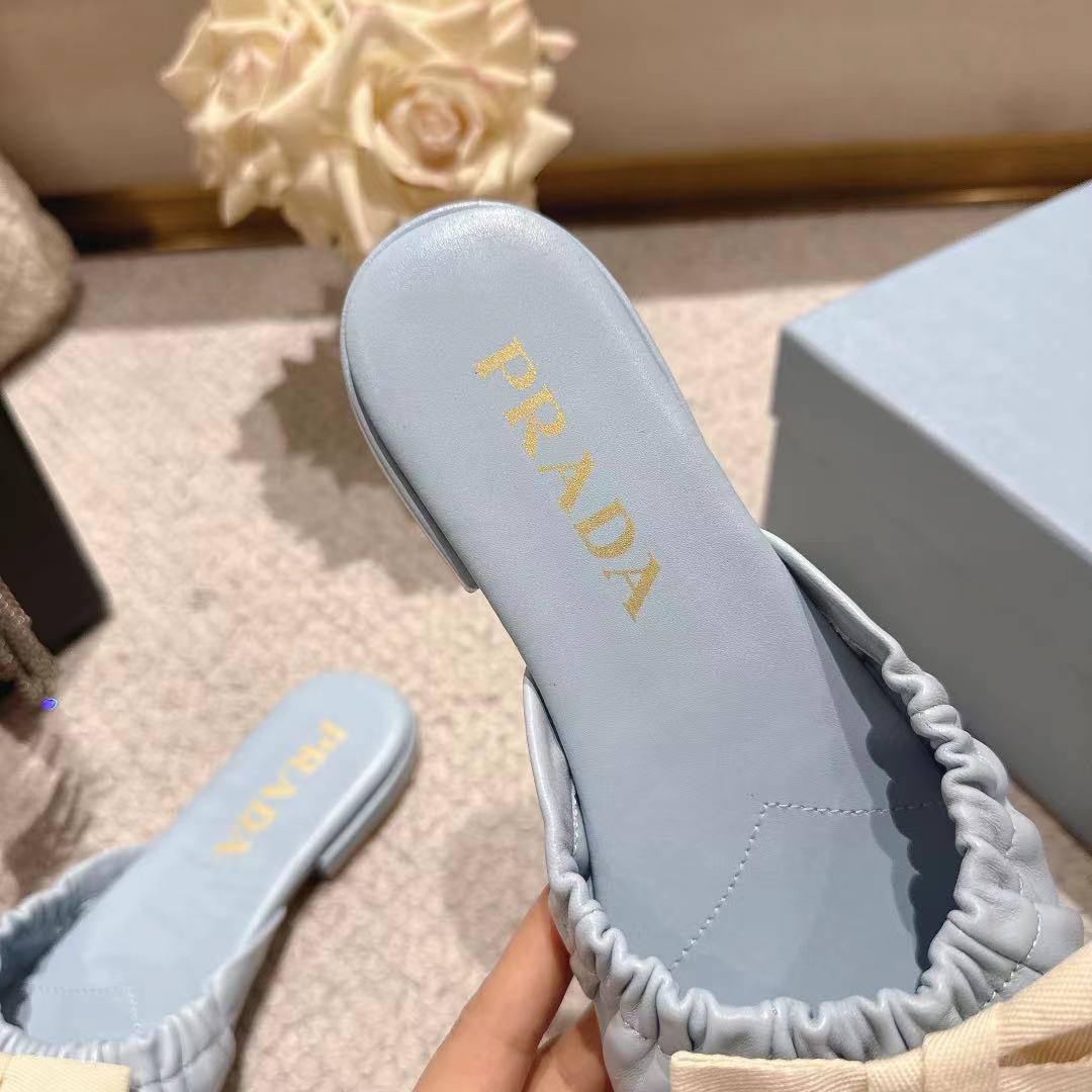 Prada 26s Ruched Bow Slide Sandals Light Blue Calfskin